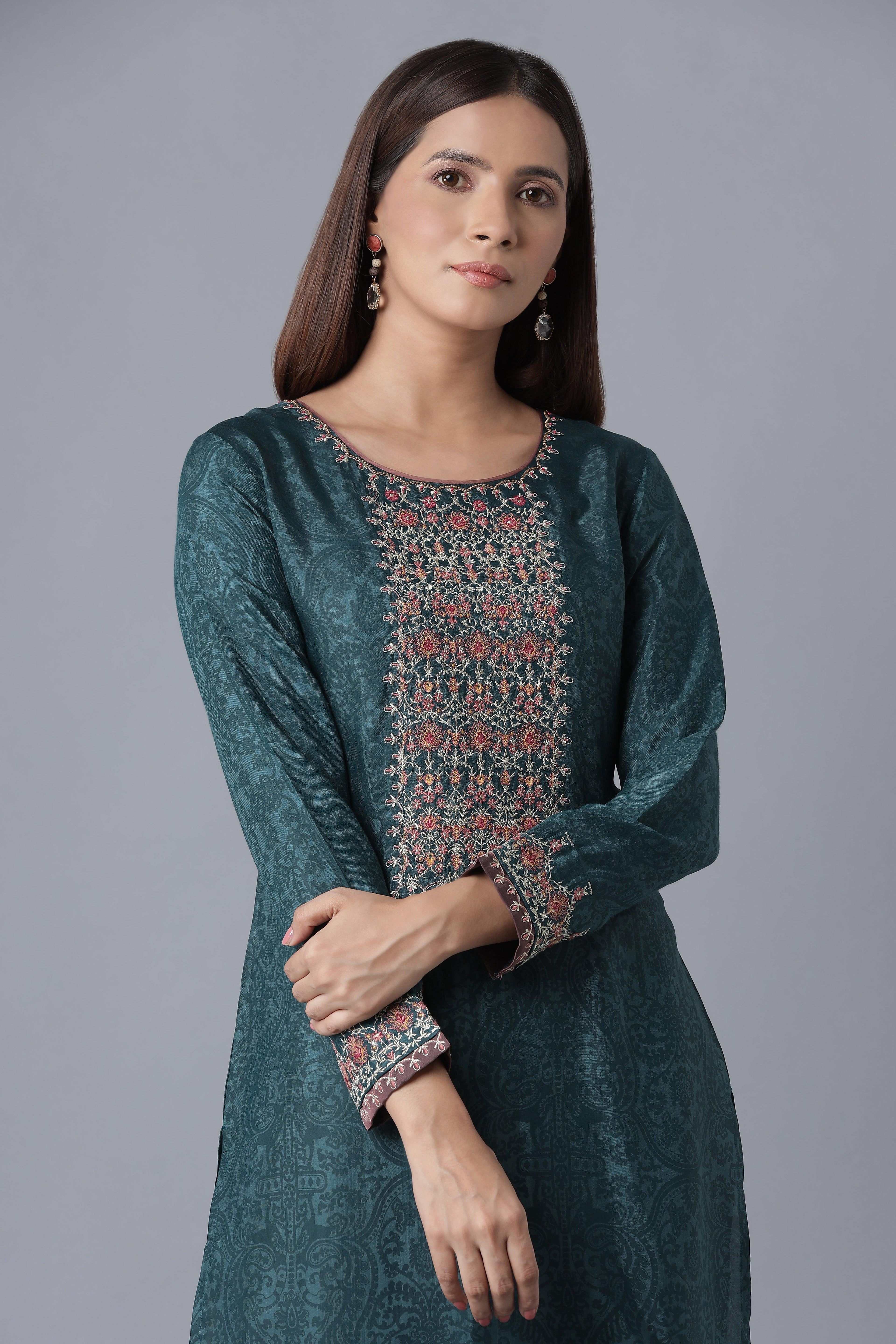 Teal Sequin Embroidered kurta - wforwoman