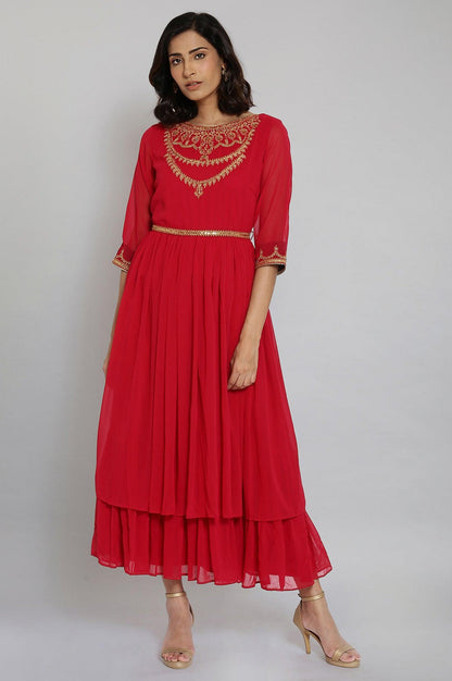 Red Embroidered Tiered Dress - wforwoman
