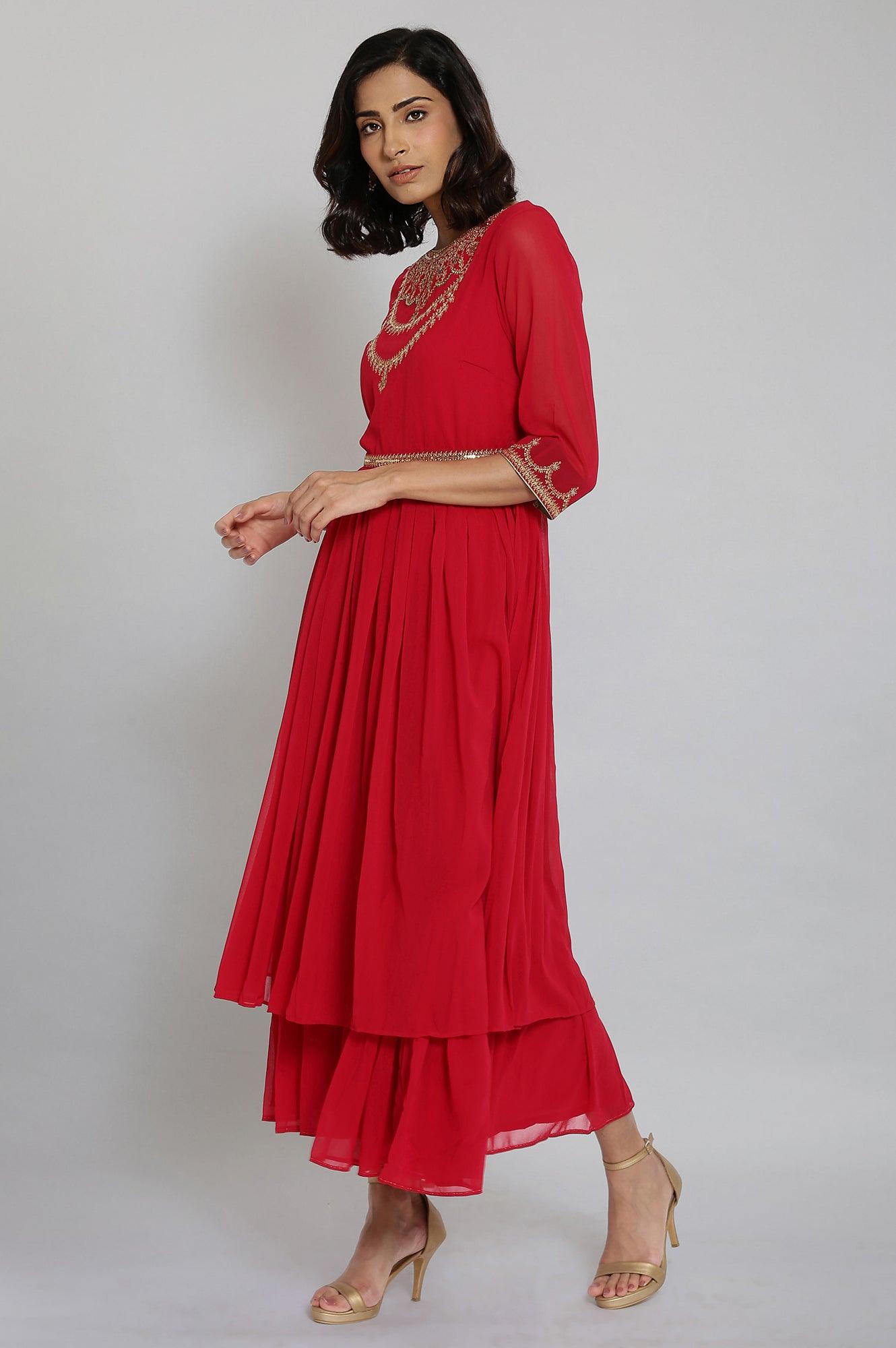 Red Embroidered Tiered Dress - wforwoman