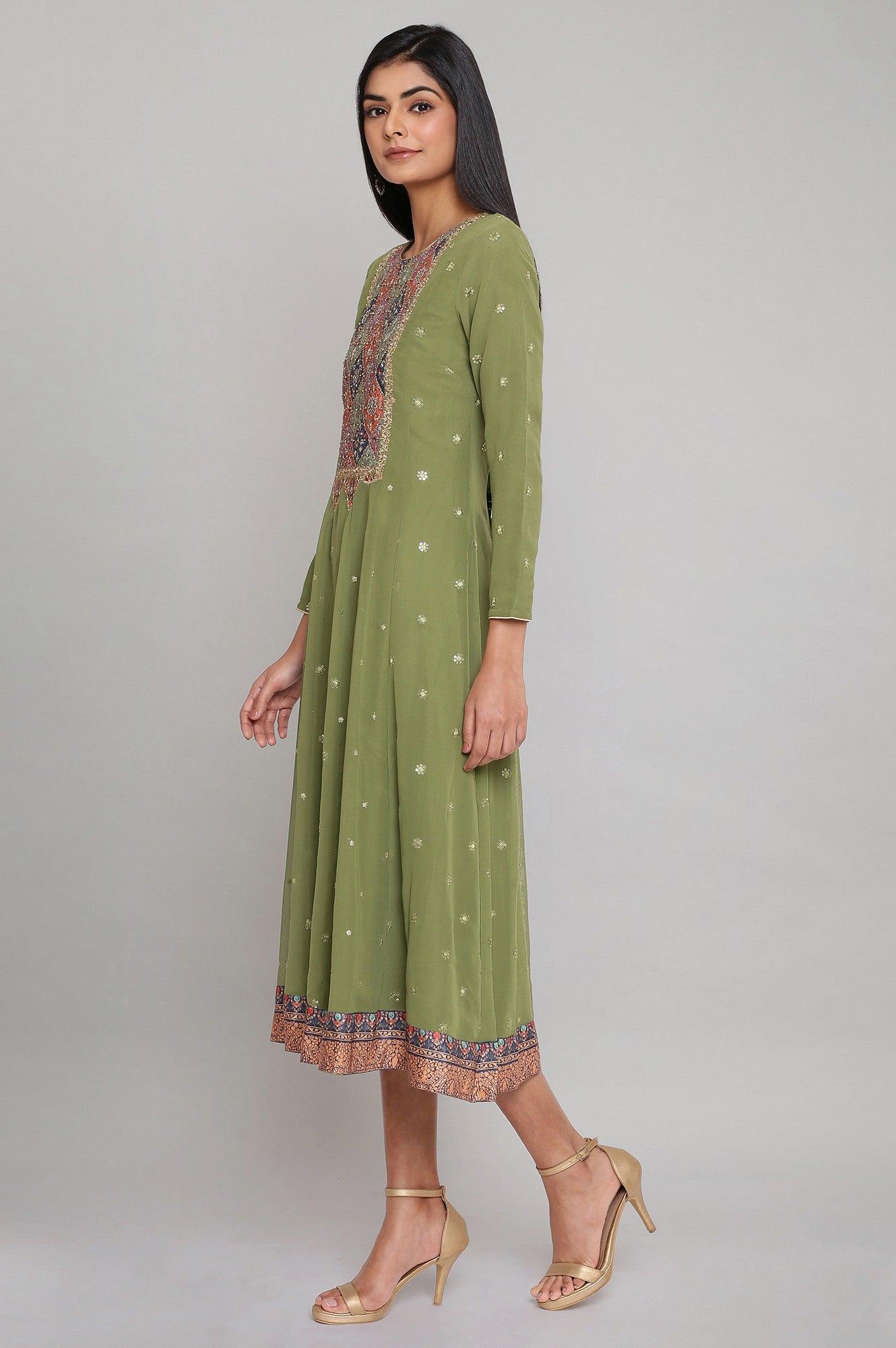 Green Embroidered Panelled Mughal Festive Gown - wforwoman