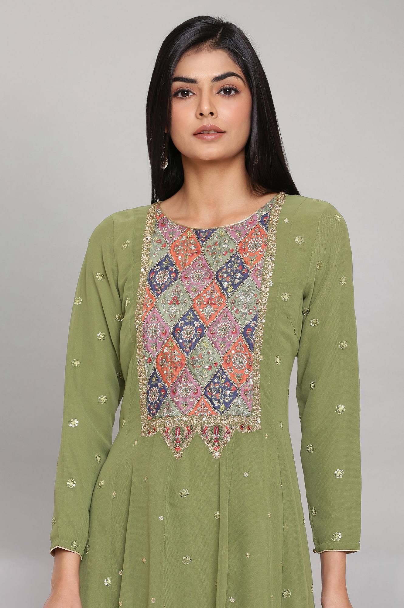 Green Embroidered Panelled Mughal Festive Gown - wforwoman