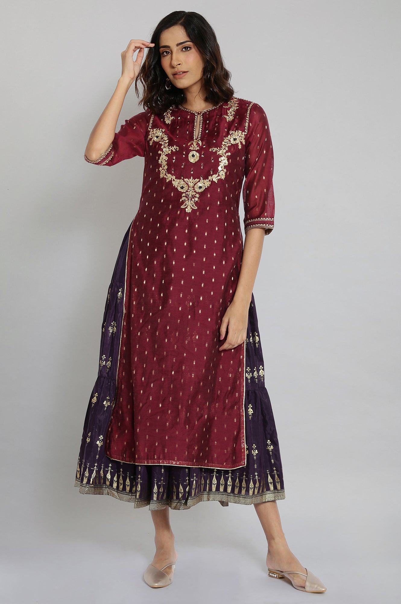 Dark Red Mock Layered Flared Dress