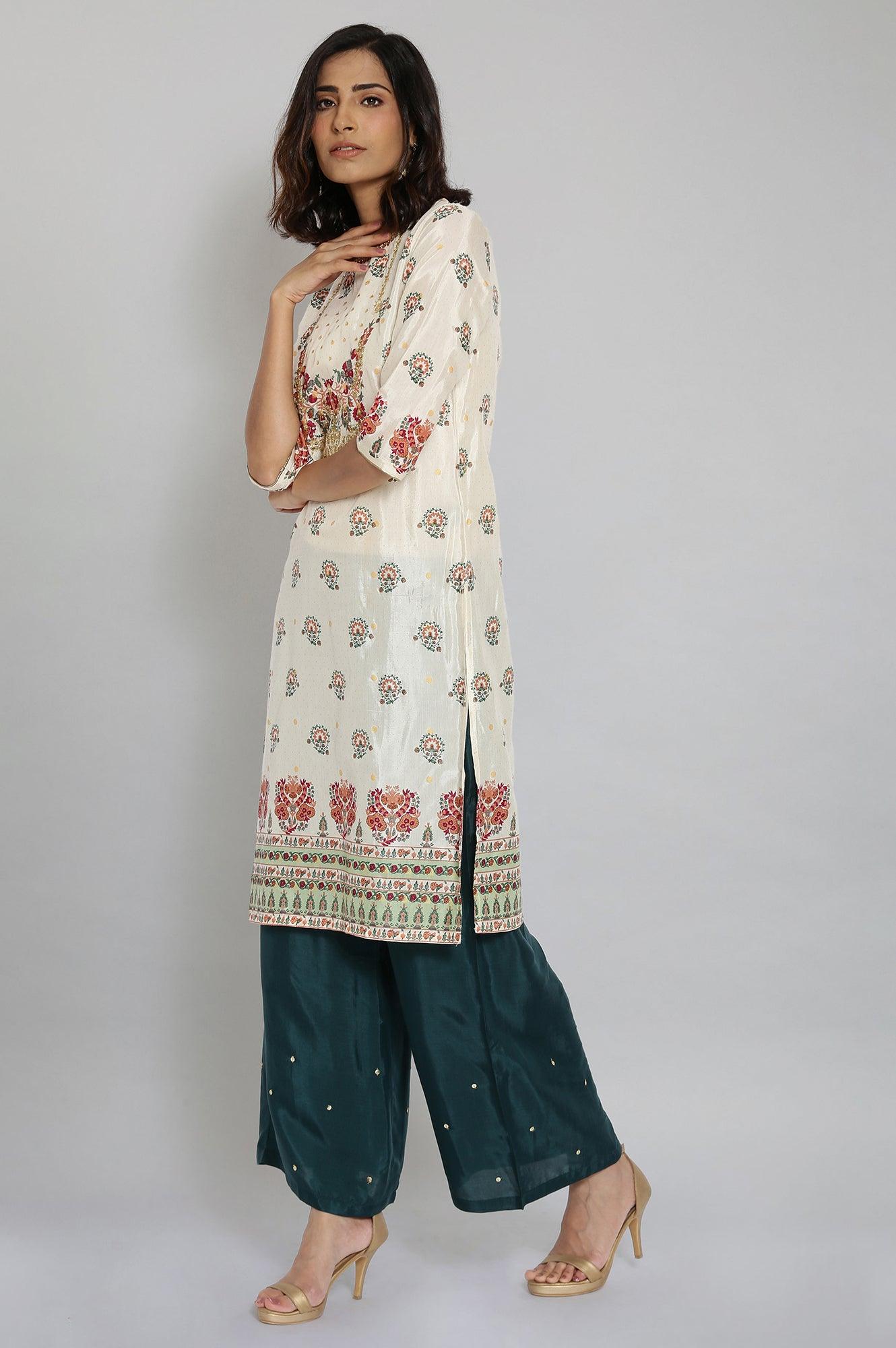 Ecru Embroidered Festive kurta - wforwoman