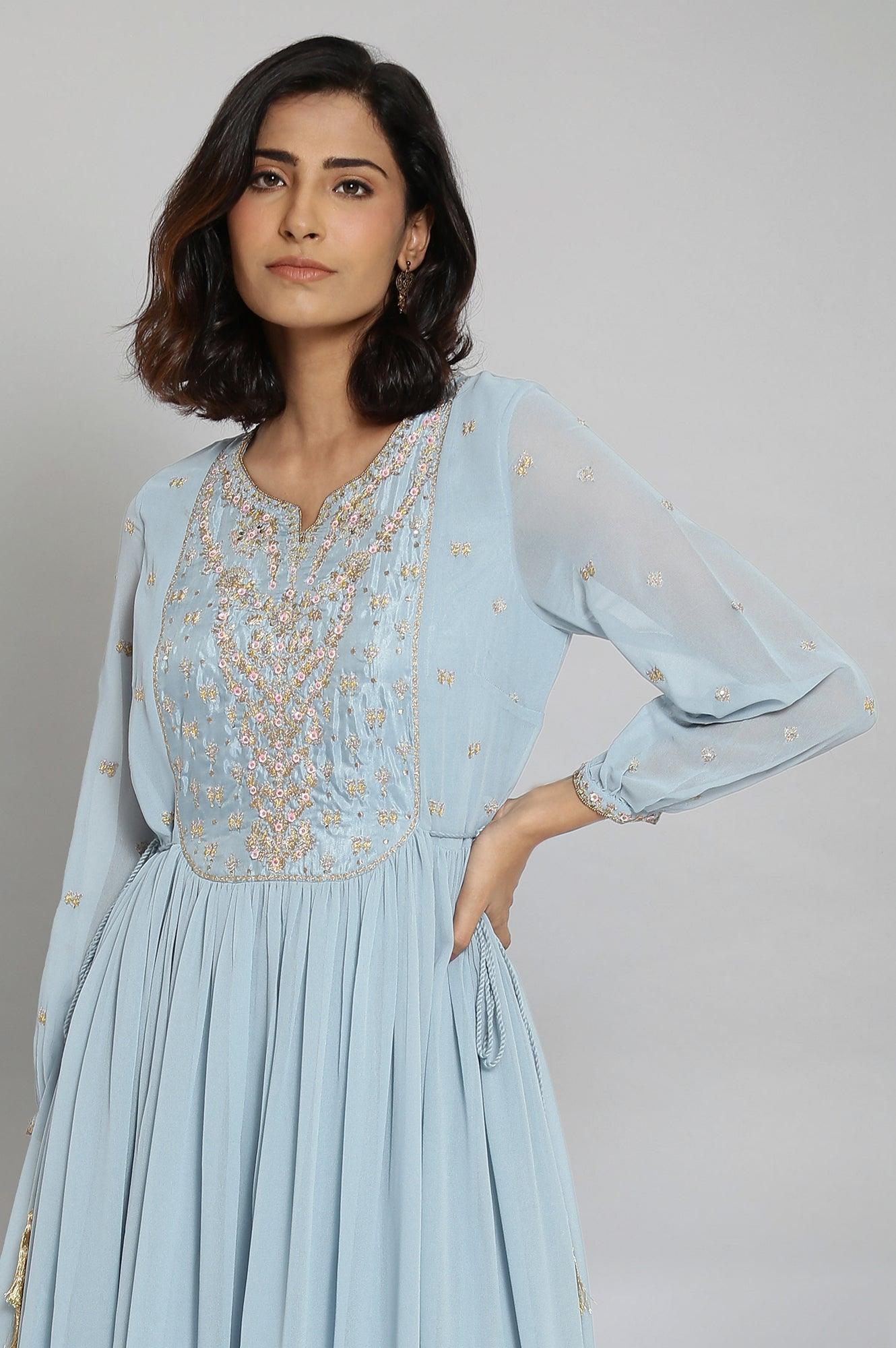 Light Blue Embroidered Gathered Victorian Dress - wforwoman