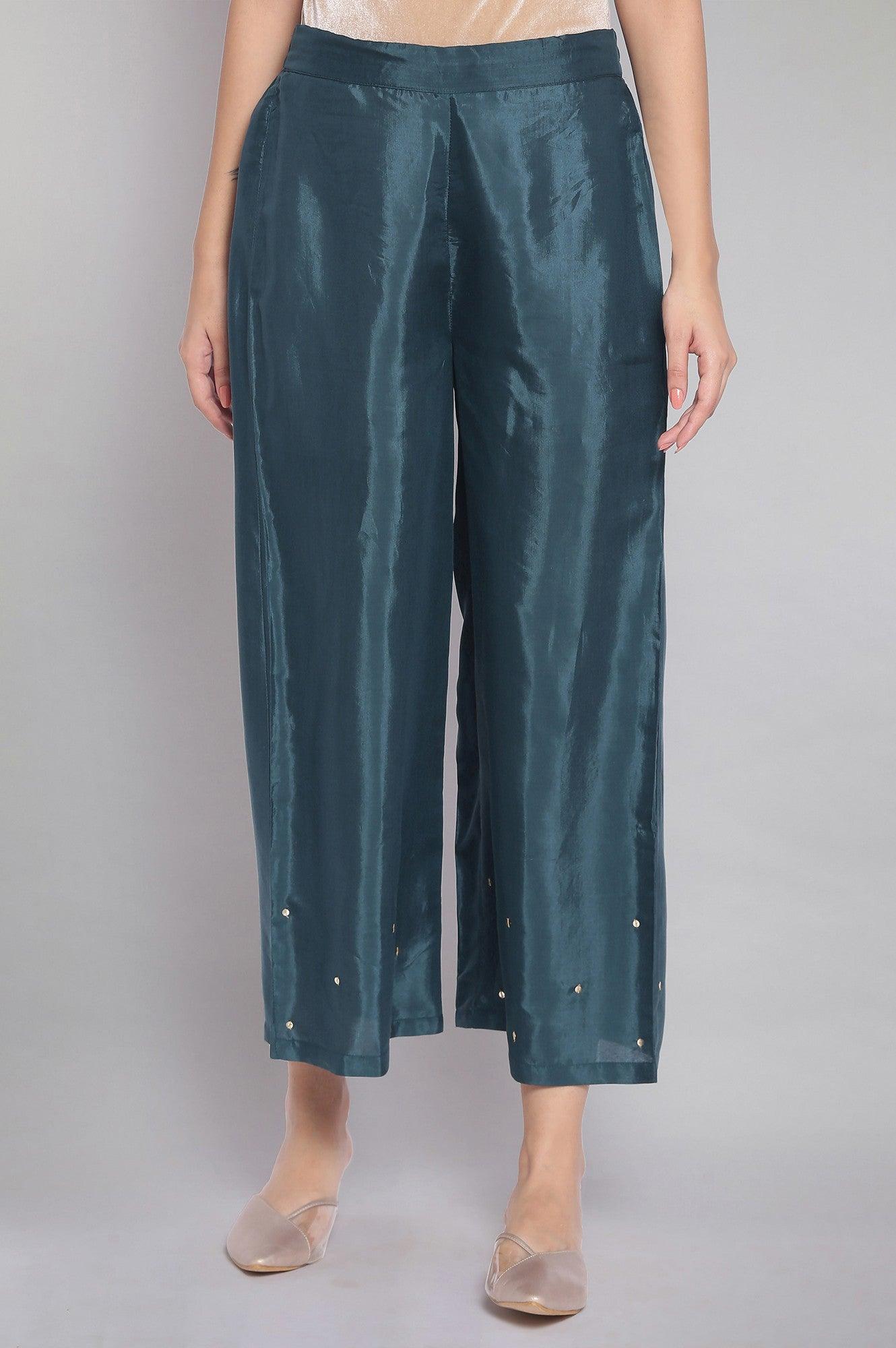 Green Sequinned Solid Parallel Pants - wforwoman