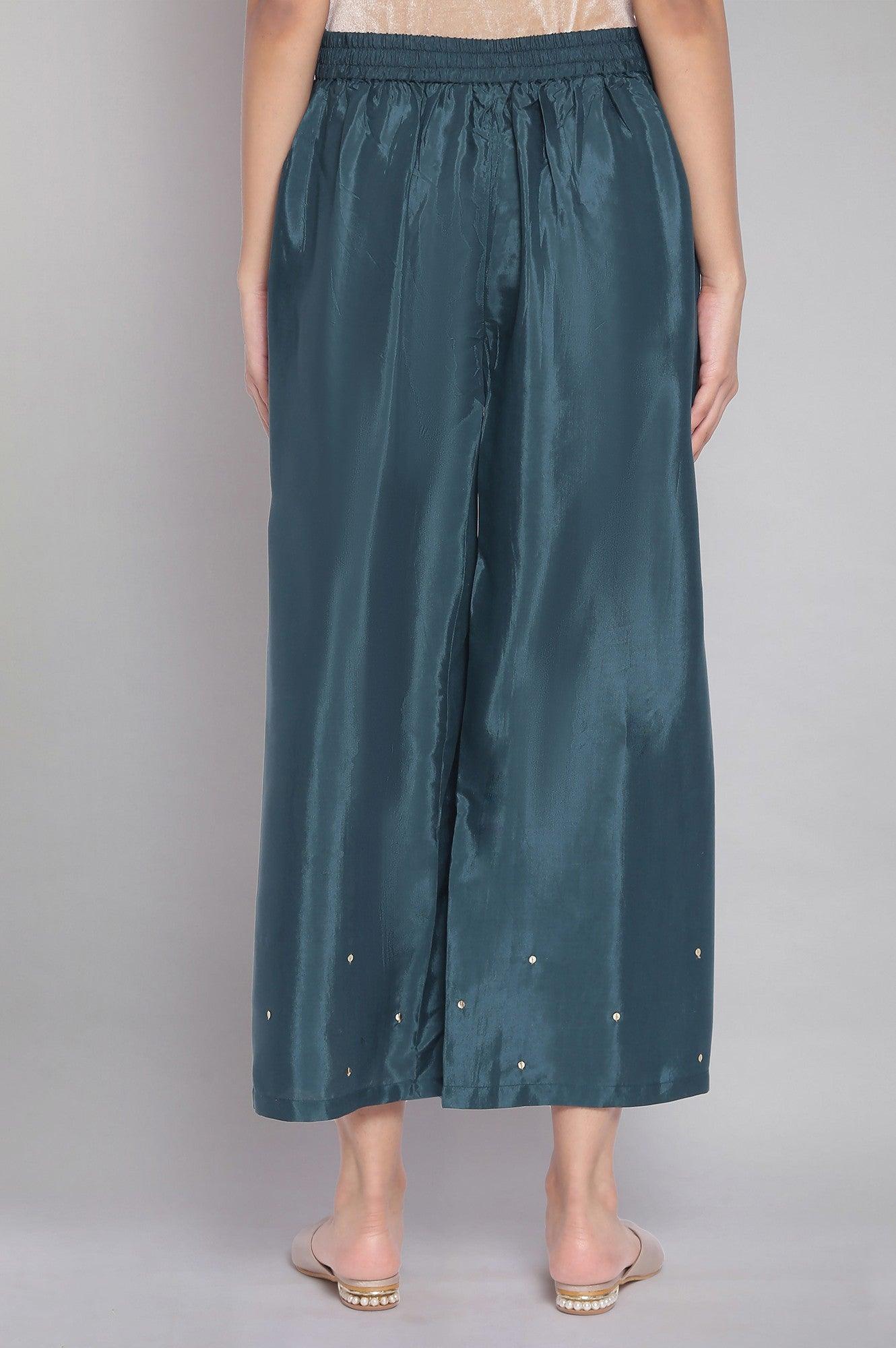 Green Sequinned Solid Parallel Pants - wforwoman