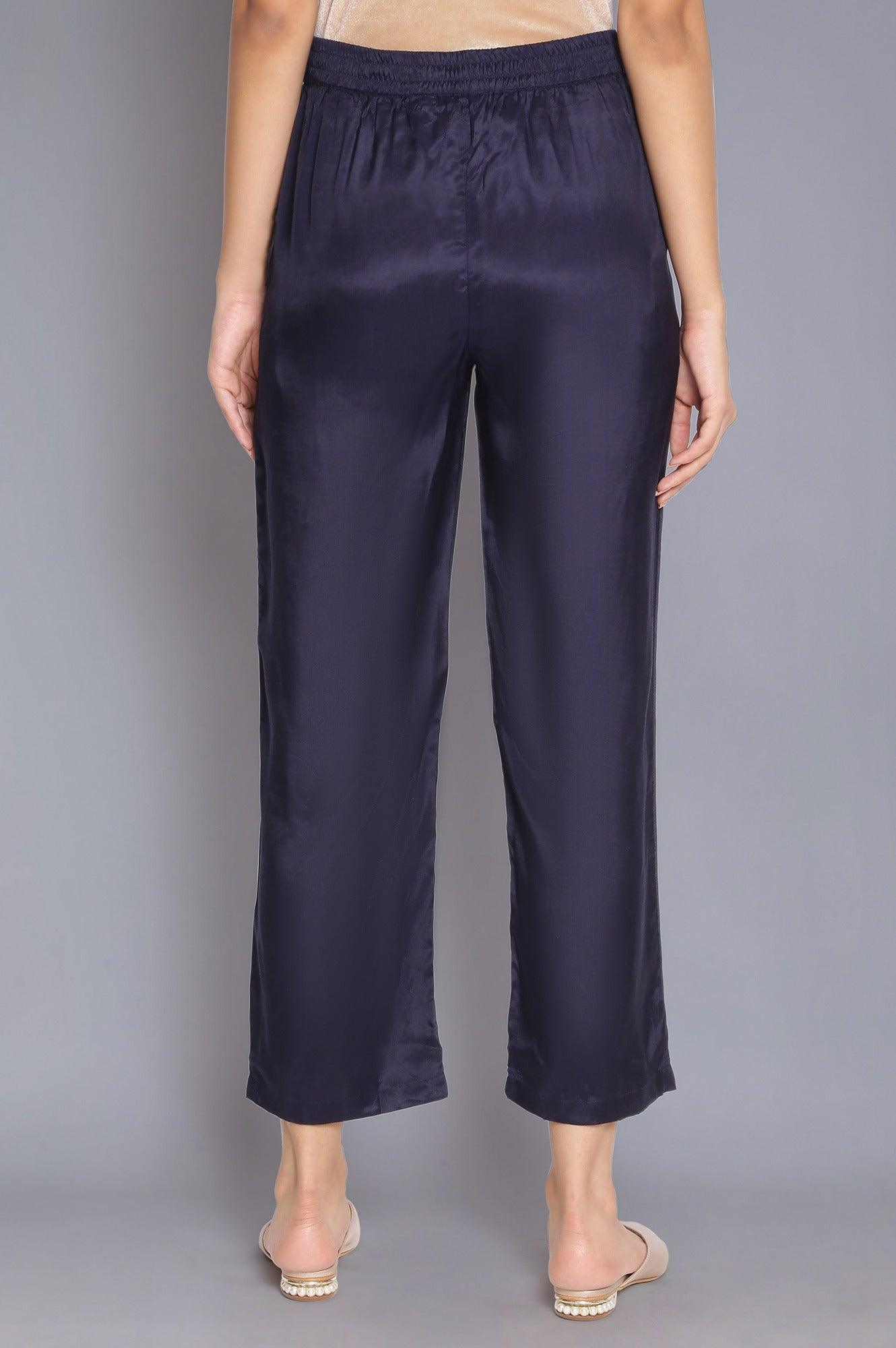 Navy Blue Solid Straight Pants - wforwoman