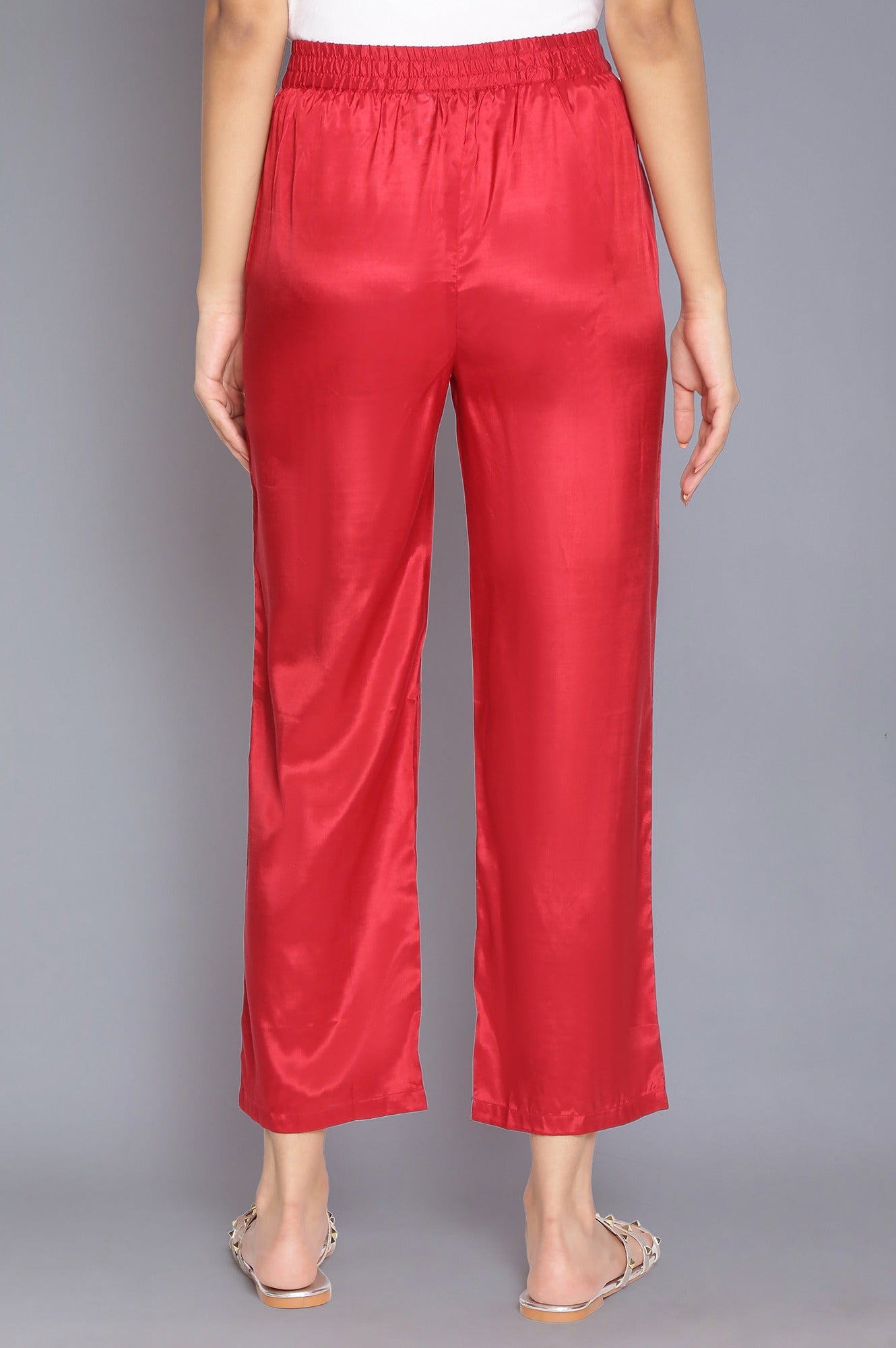 Red Solid Straight Pants