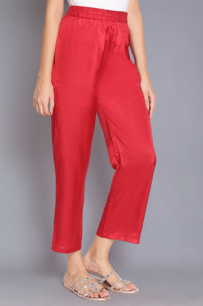 Red Solid Straight Pants