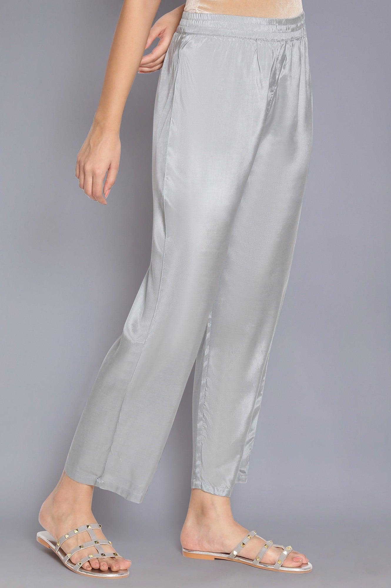 Grey Solid Straight Pants - wforwoman