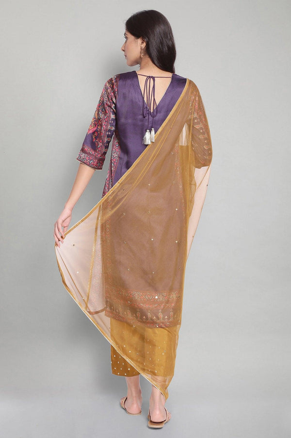 Purple Panelled Satin kurta-Parallel Pants-Dupatta Set