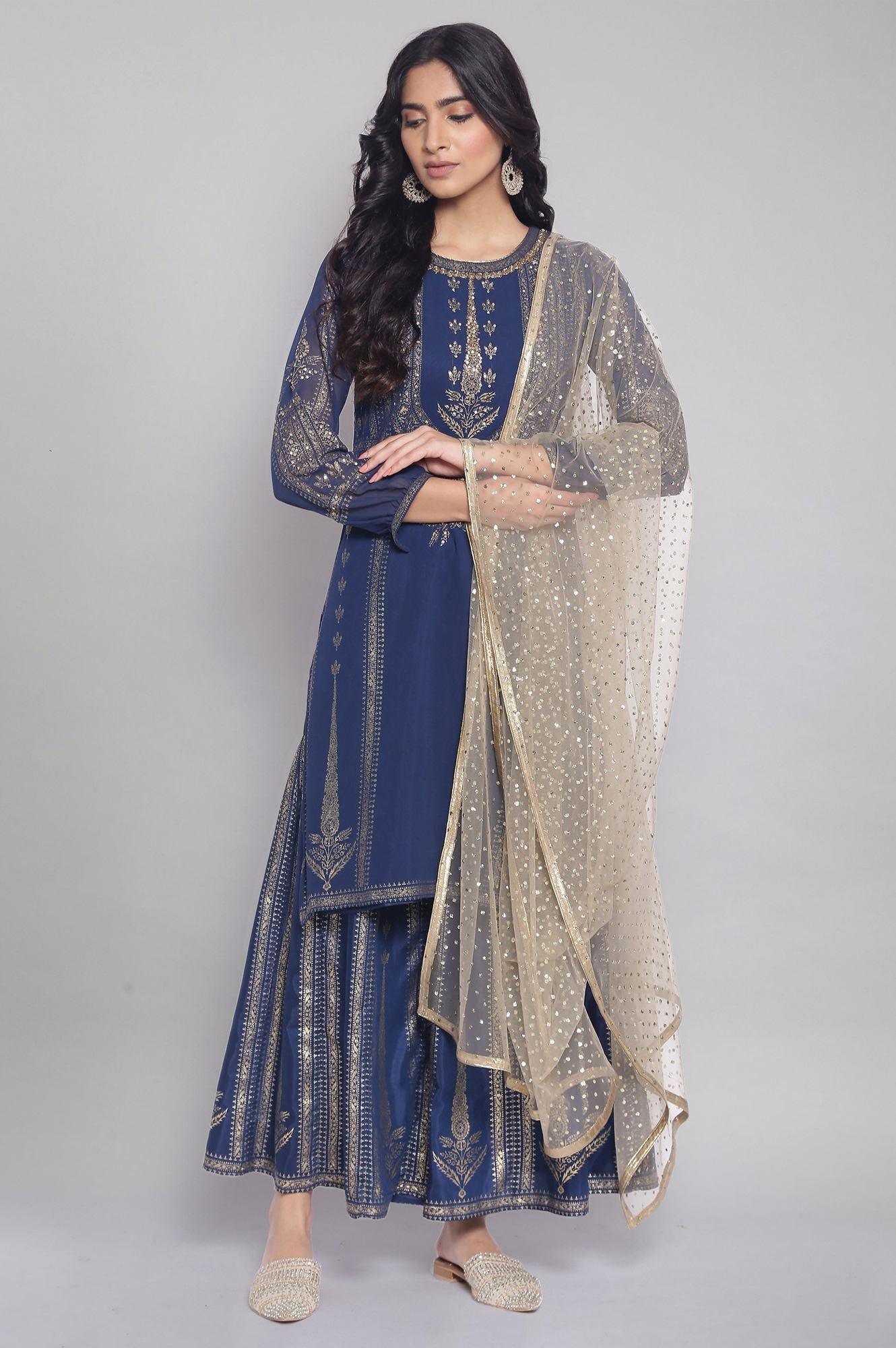 Navy Blue Floral Print kurta-Sharara-Dupatta Set - wforwoman