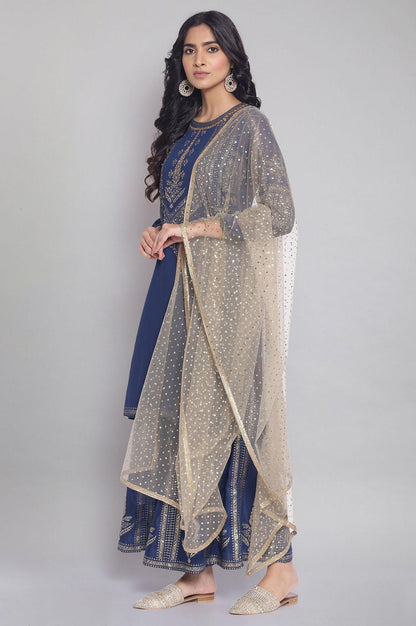 Navy Blue Floral Print kurta-Sharara-Dupatta Set - wforwoman