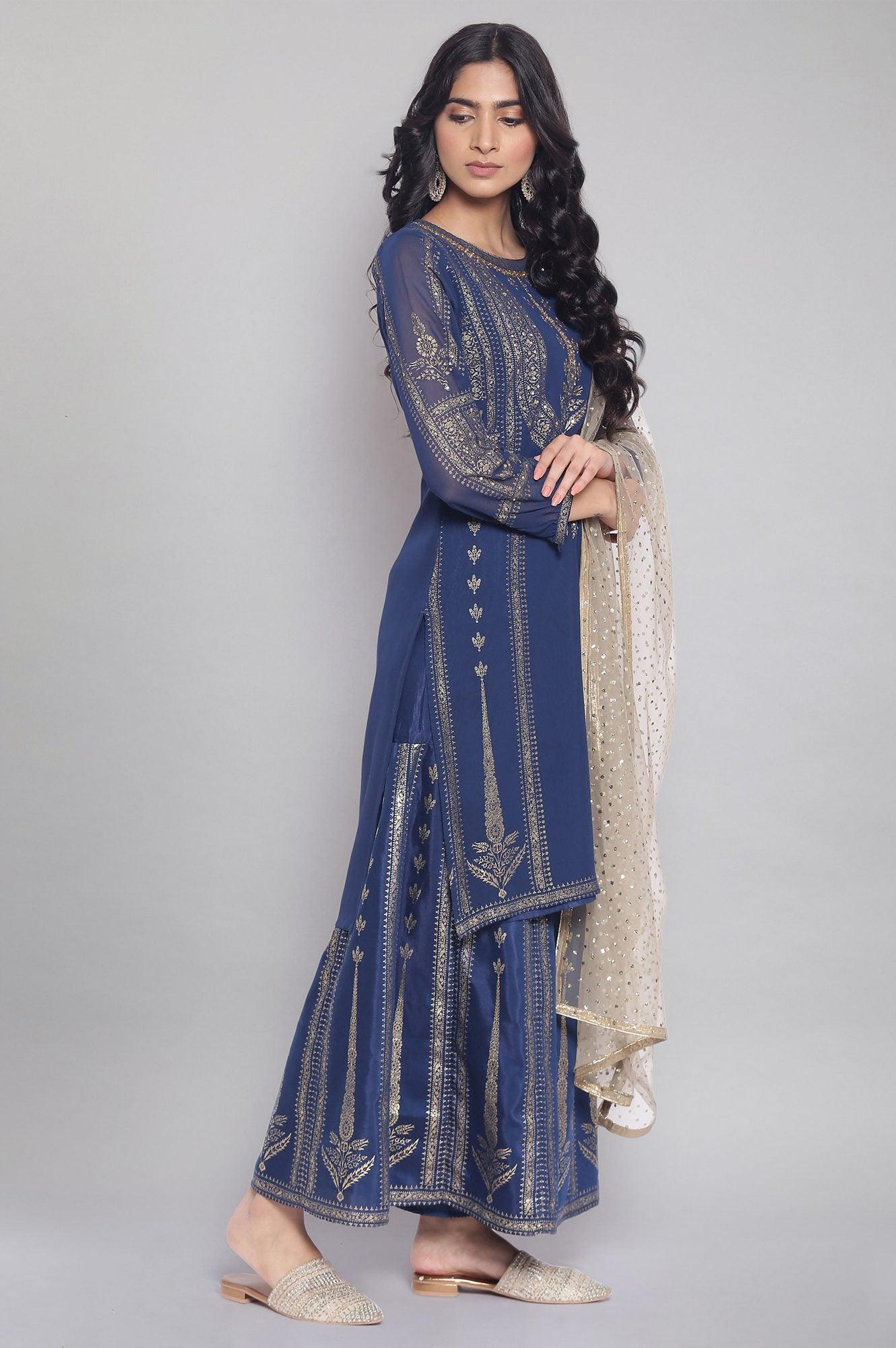 Navy Blue Floral Print kurta-Sharara-Dupatta Set - wforwoman