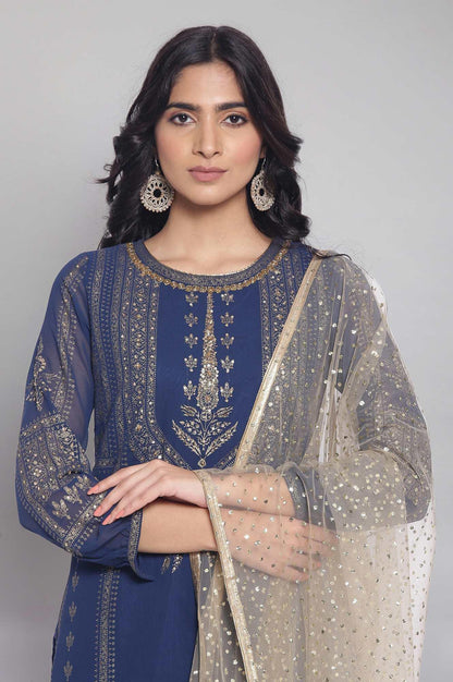 Navy Blue Floral Print kurta-Sharara-Dupatta Set - wforwoman