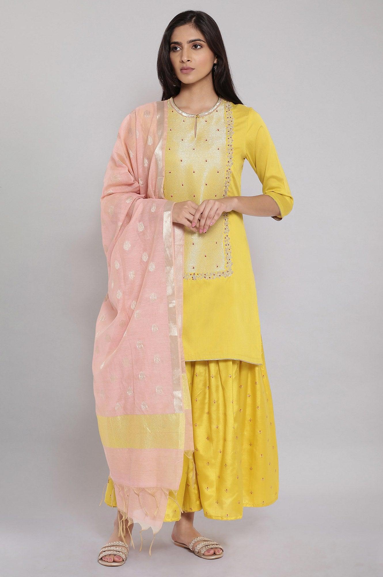 Light Yellow Embroidered kurta-Sharara-Dupatta Set - wforwoman