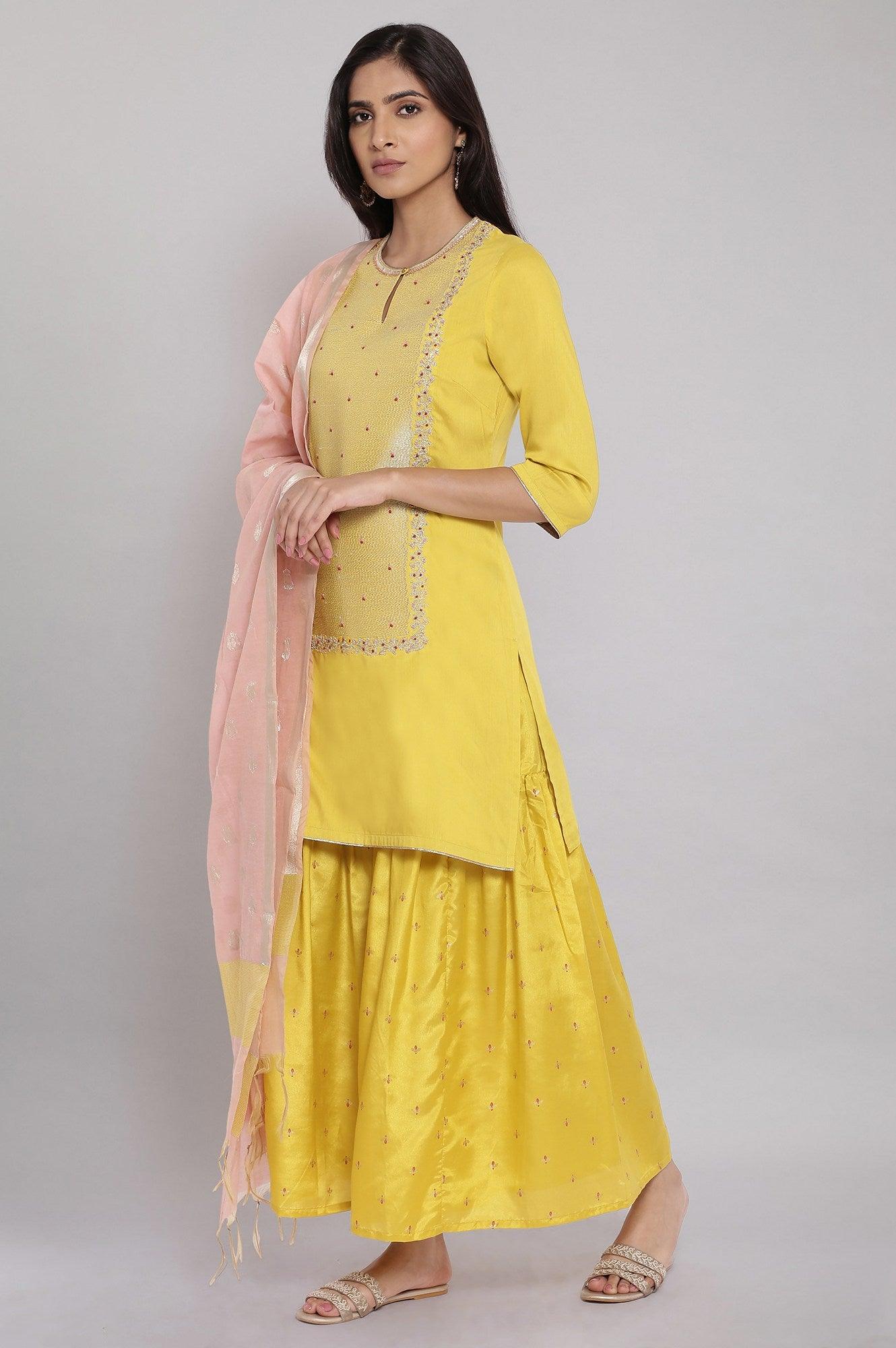 Light Yellow Embroidered kurta-Sharara-Dupatta Set - wforwoman