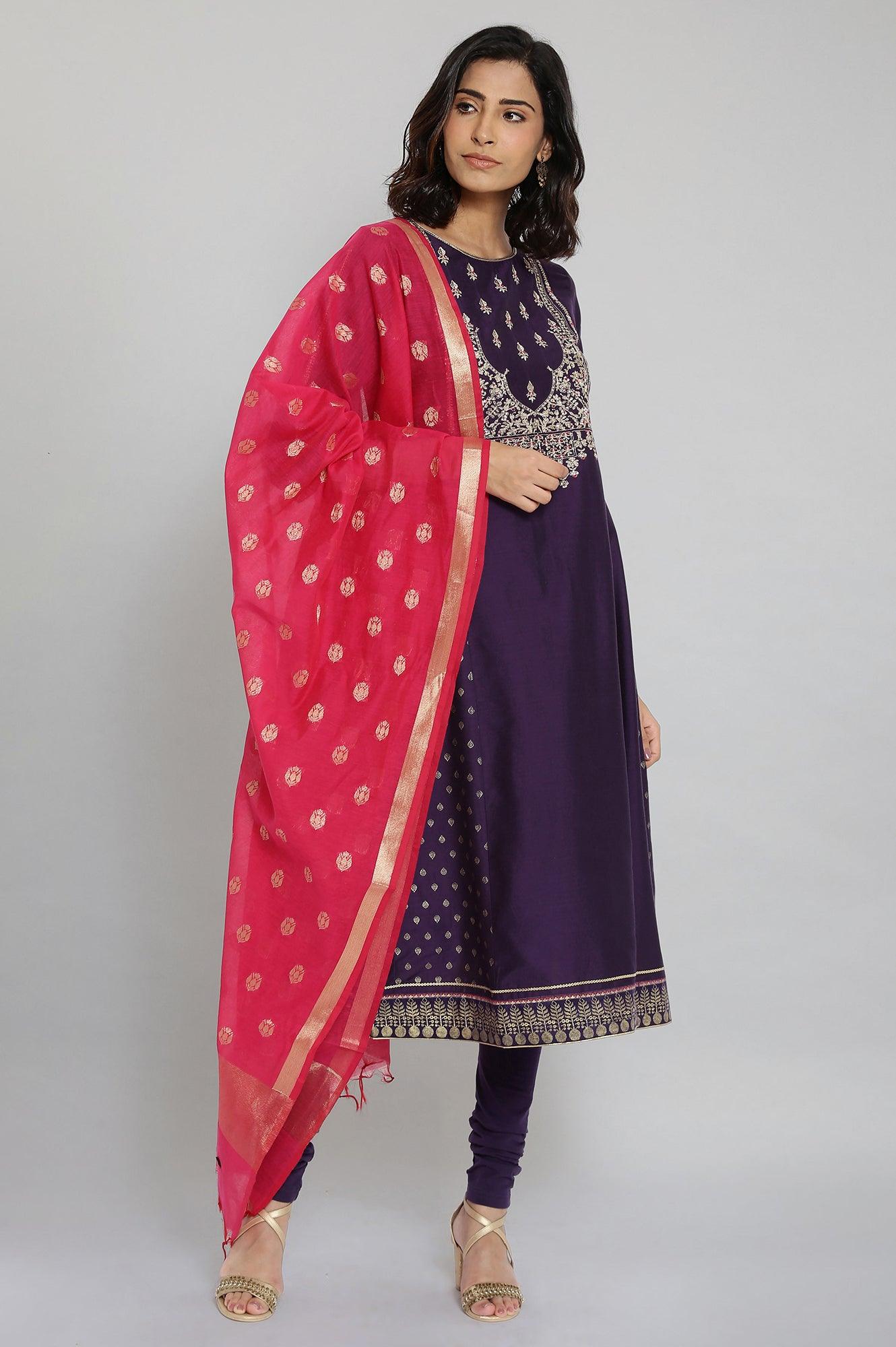 Purple Embroidered Panelled kurta-Churidars- Dupatta Set - wforwoman