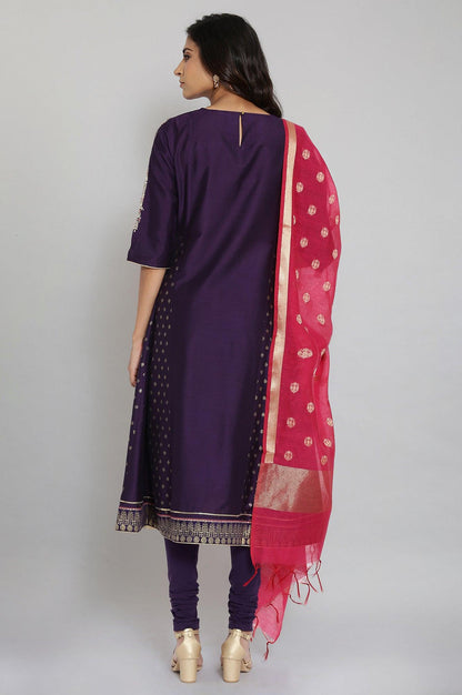 Purple Embroidered Panelled kurta-Churidars- Dupatta Set - wforwoman