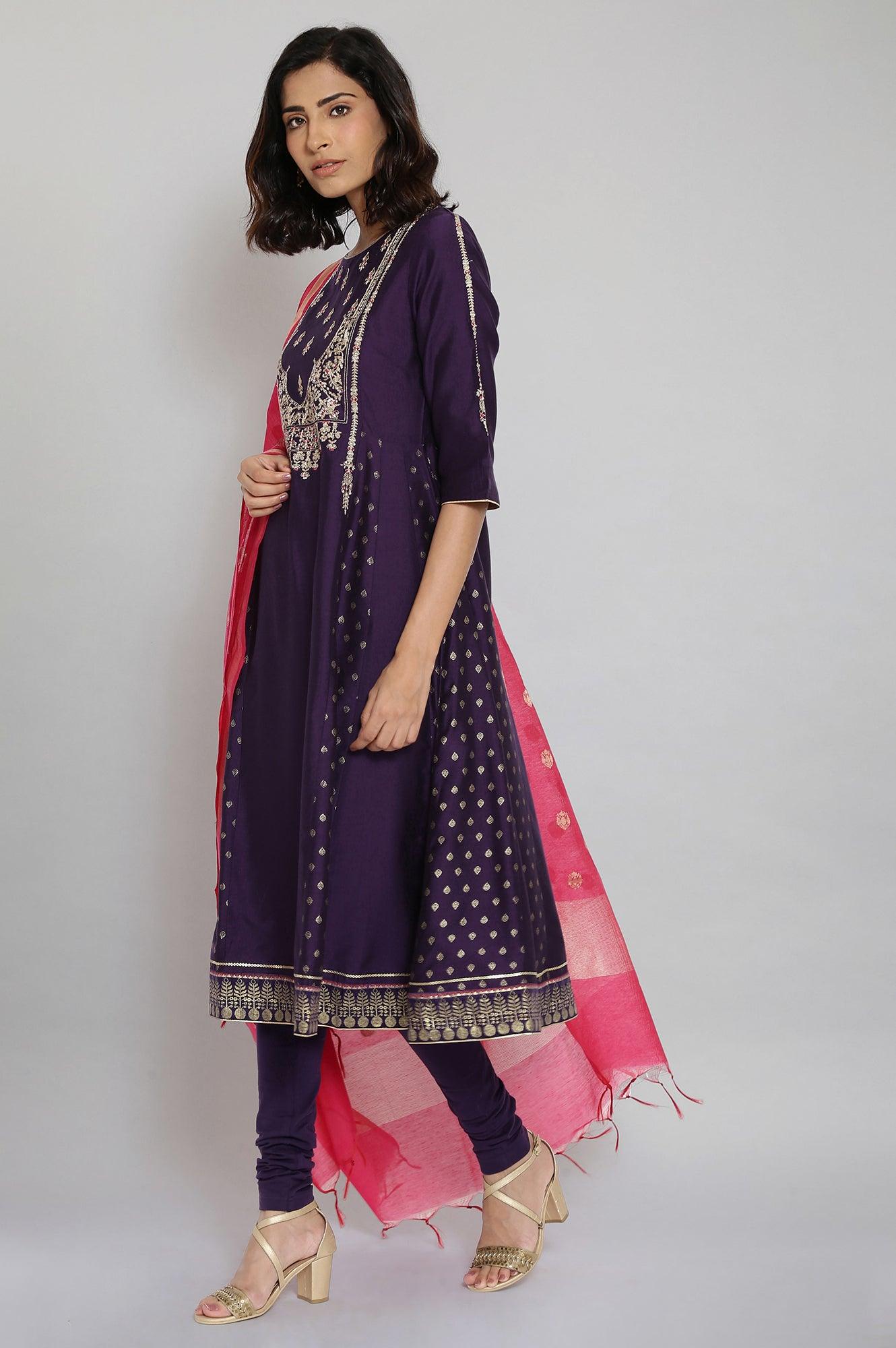 Purple Embroidered Panelled kurta-Churidars- Dupatta Set - wforwoman