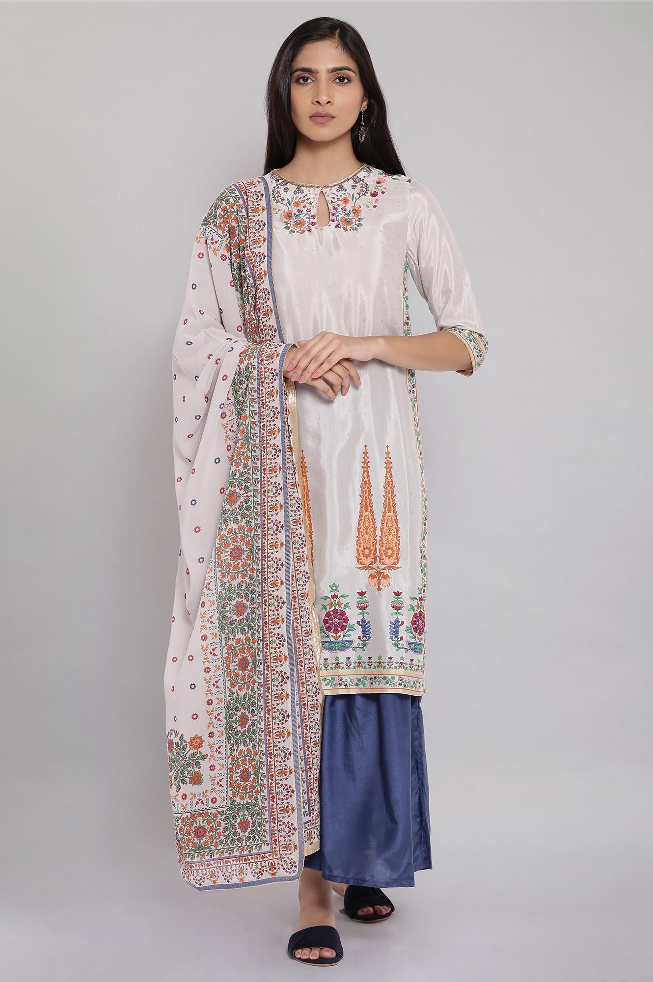 Grey Floral Foil Print kurta-Sharara-Dupatta Set