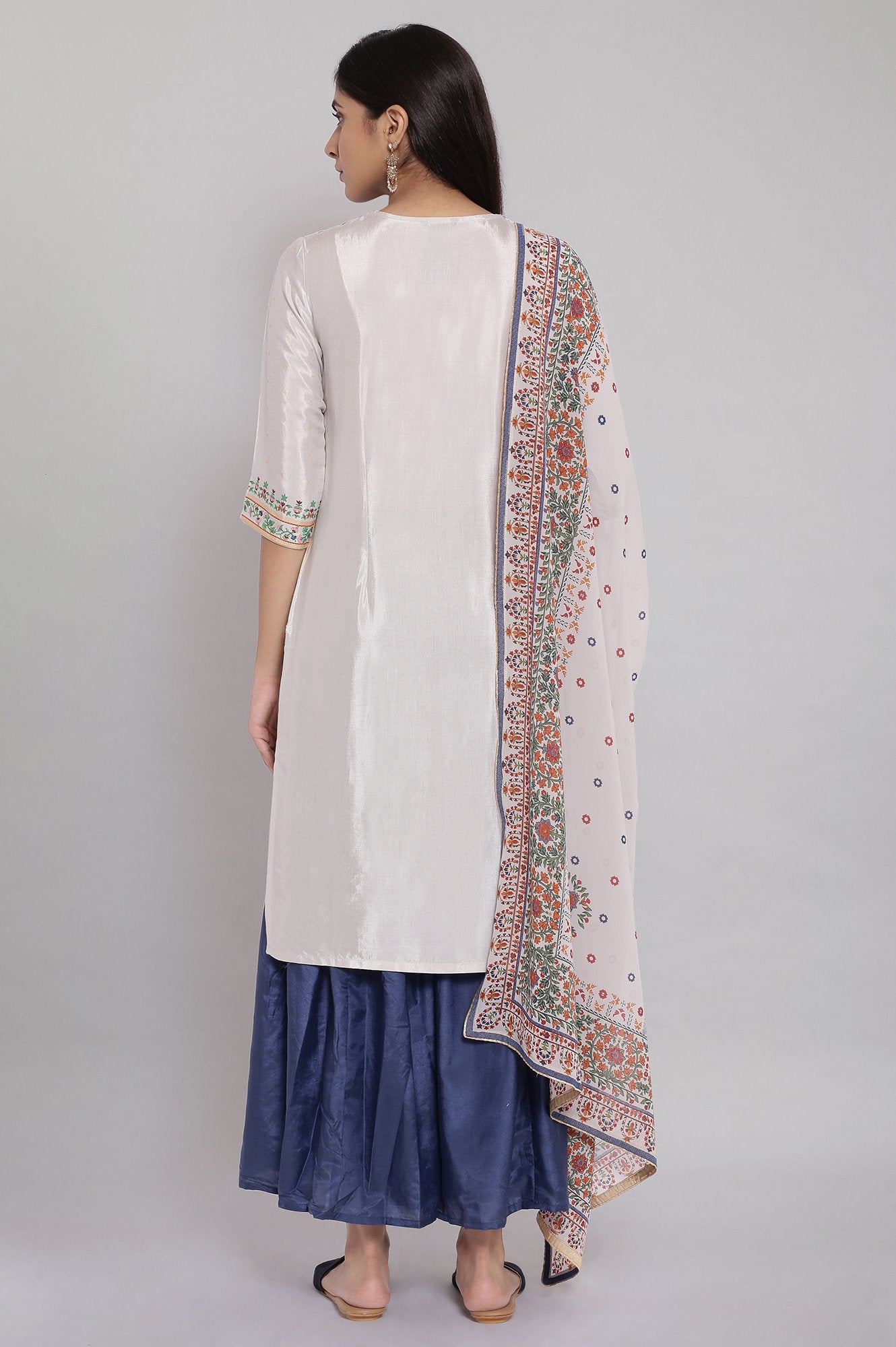 Grey Floral Foil Print kurta-Sharara-Dupatta Set