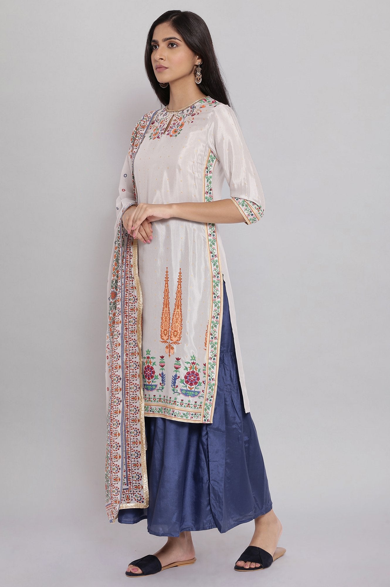 Grey Floral Foil Print kurta-Sharara-Dupatta Set