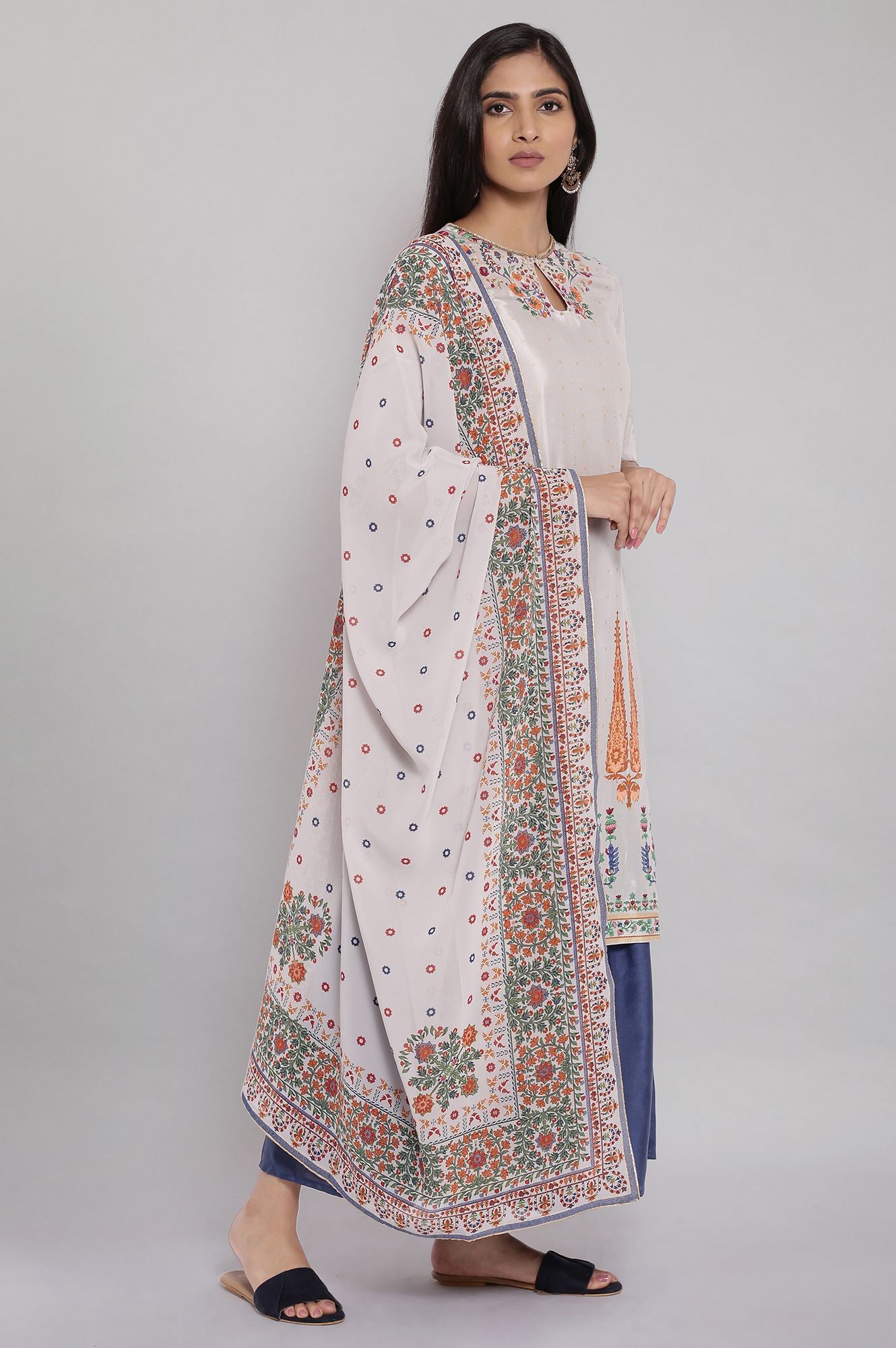 Grey Floral Foil Print kurta-Sharara-Dupatta Set