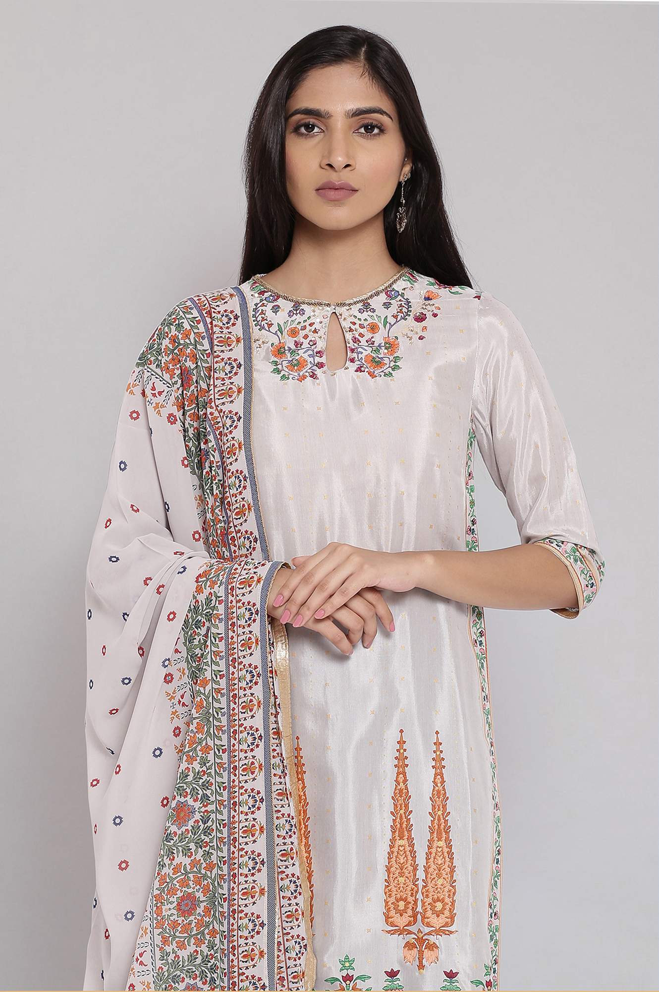 Grey Floral Foil Print kurta-Sharara-Dupatta Set