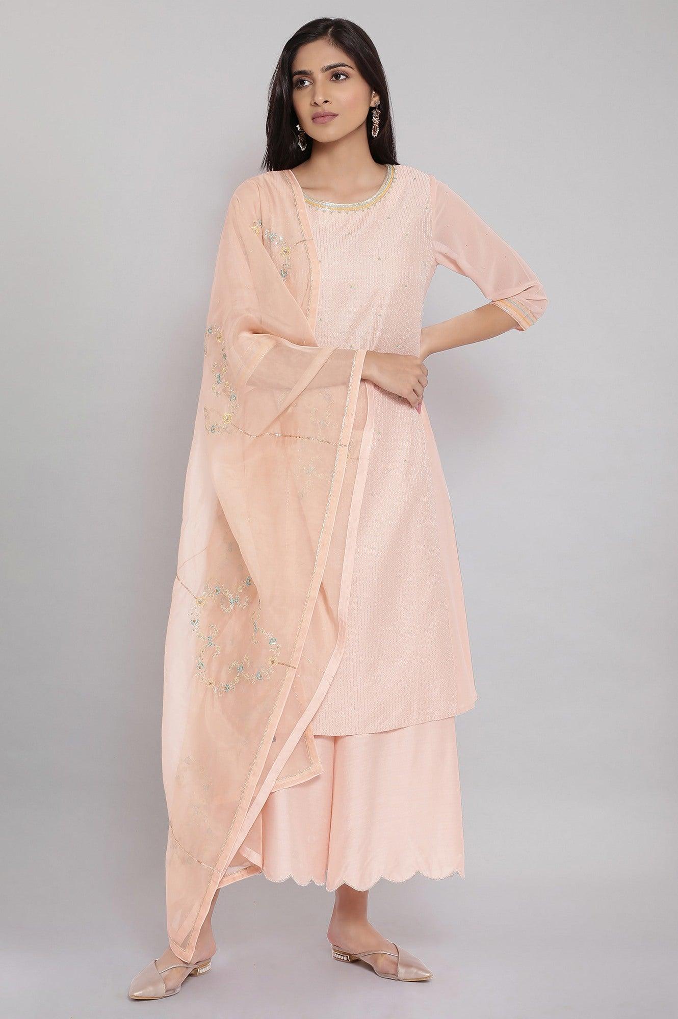 Light Pink Floral Print kurta-Parallel Pants-Dupatta Set - wforwoman