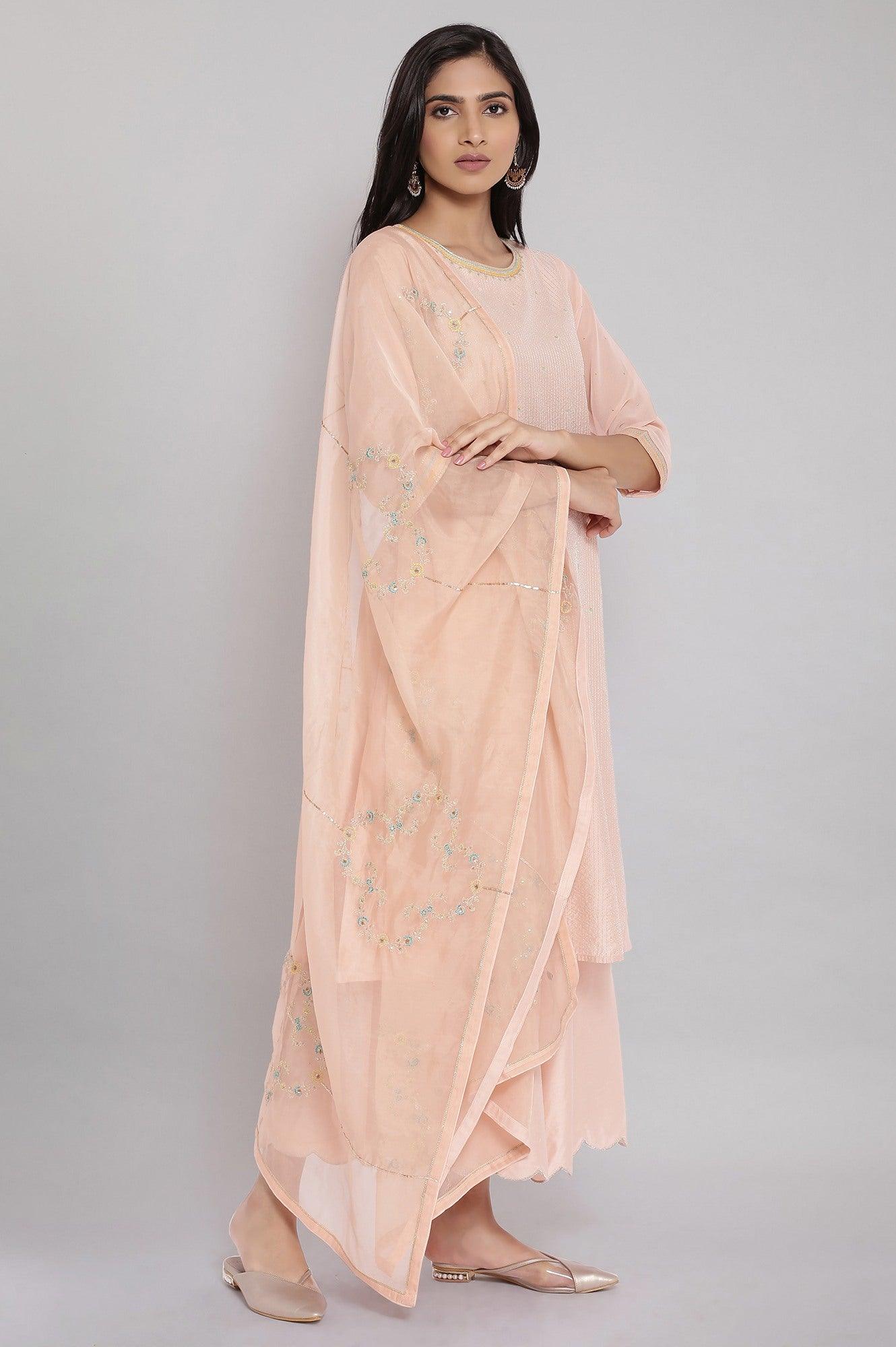 Light Pink Floral Print kurta-Parallel Pants-Dupatta Set - wforwoman