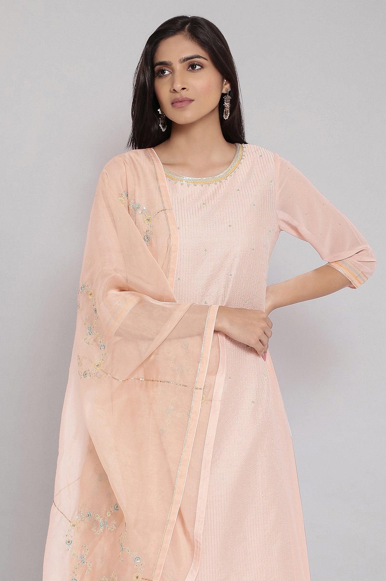 Light Pink Floral Print kurta-Parallel Pants-Dupatta Set - wforwoman