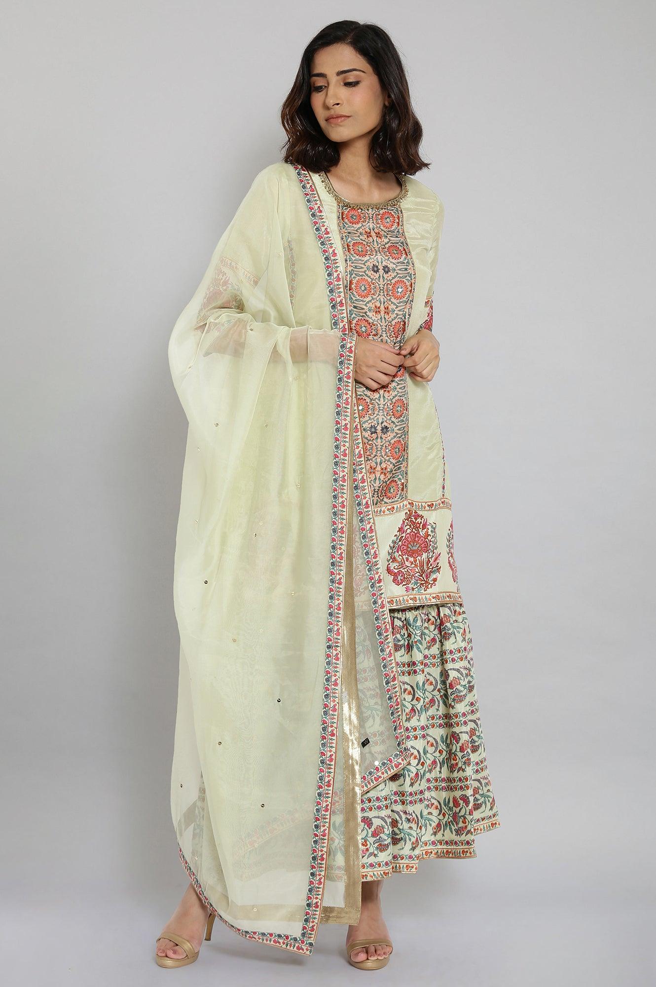 Light Green Floral Print kurta-Sharara-Dupatta Set - wforwoman