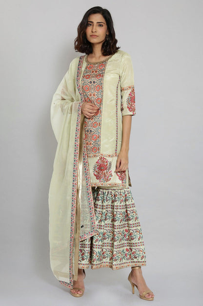 Light Green Floral Print kurta-Sharara-Dupatta Set - wforwoman