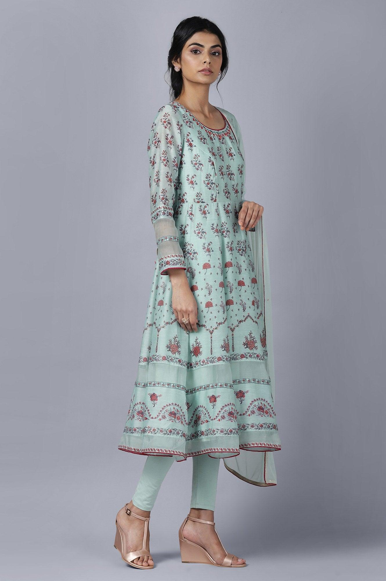 Light Blue Anarkali Tights Drape Set - wforwoman