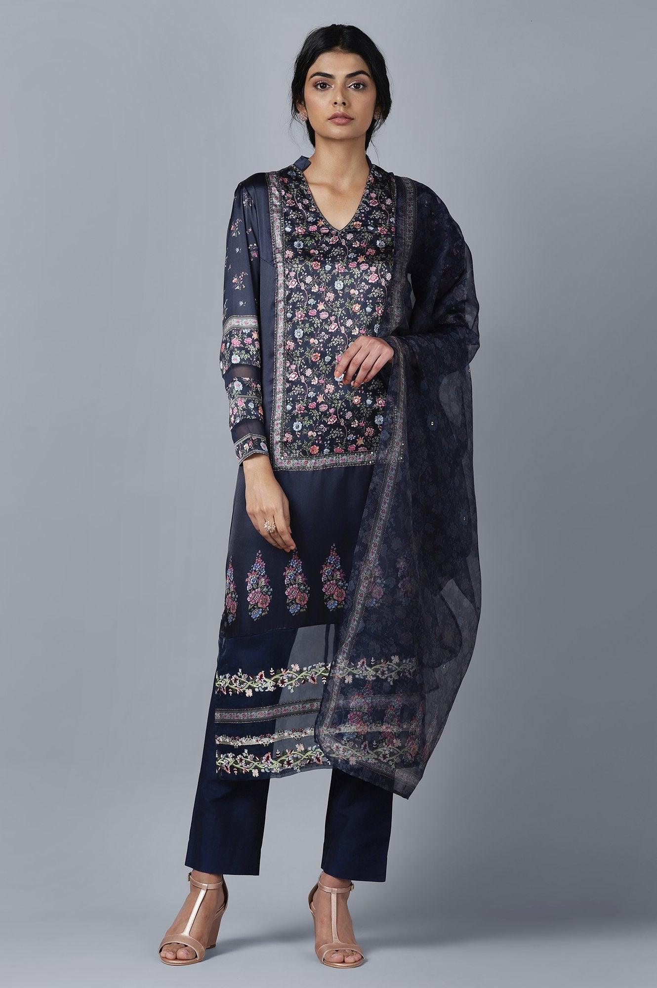 Dark Blue kurta Slim Pants Dupatta Set - wforwoman