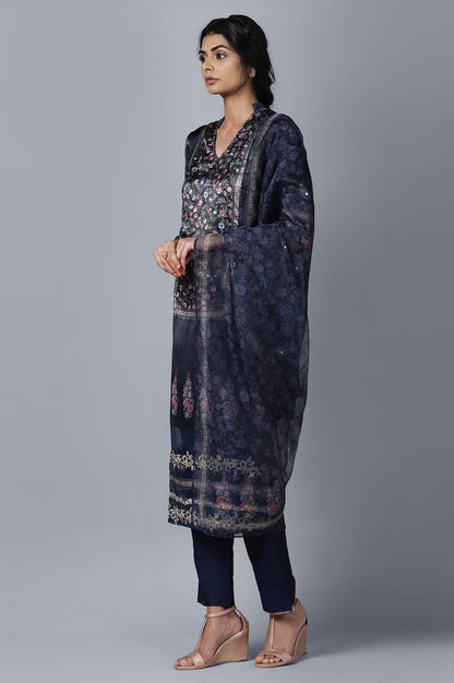 Dark Blue kurta Slim Pants Dupatta Set - wforwoman