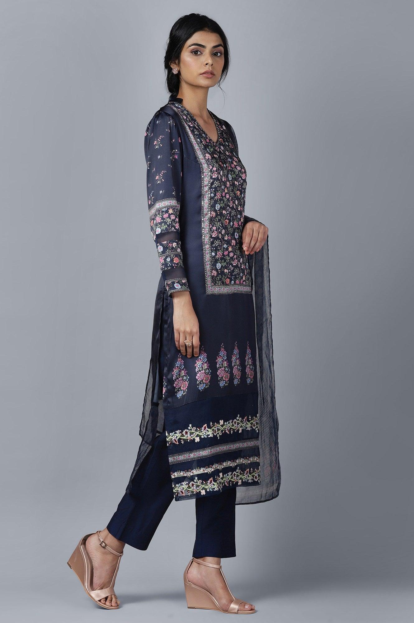 Dark Blue kurta Slim Pants Dupatta Set - wforwoman