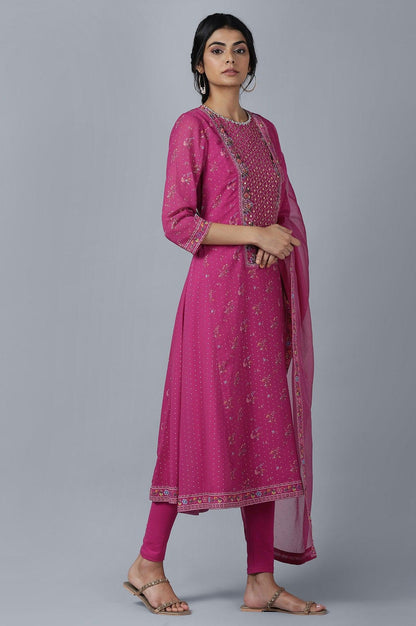 Dark Pink kurta Tights Dupatta Set - wforwoman