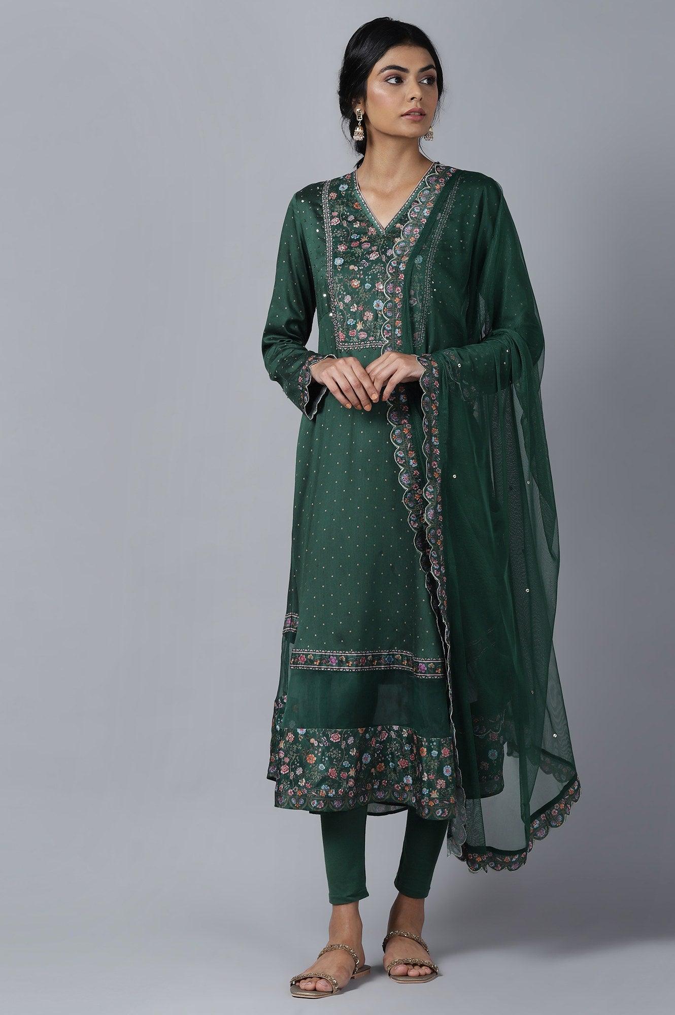 Dark Green kurta Tights Dupatta Set - wforwoman