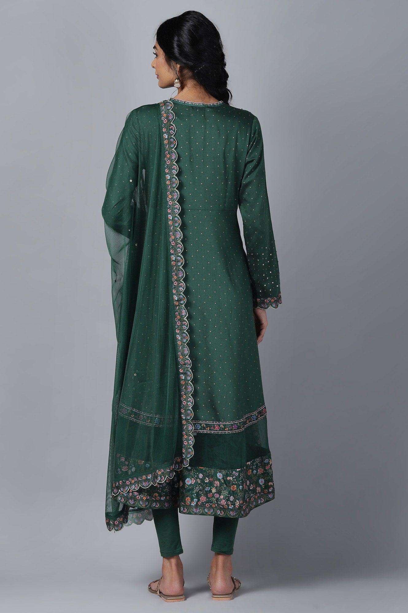 Dark Green kurta Tights Dupatta Set - wforwoman