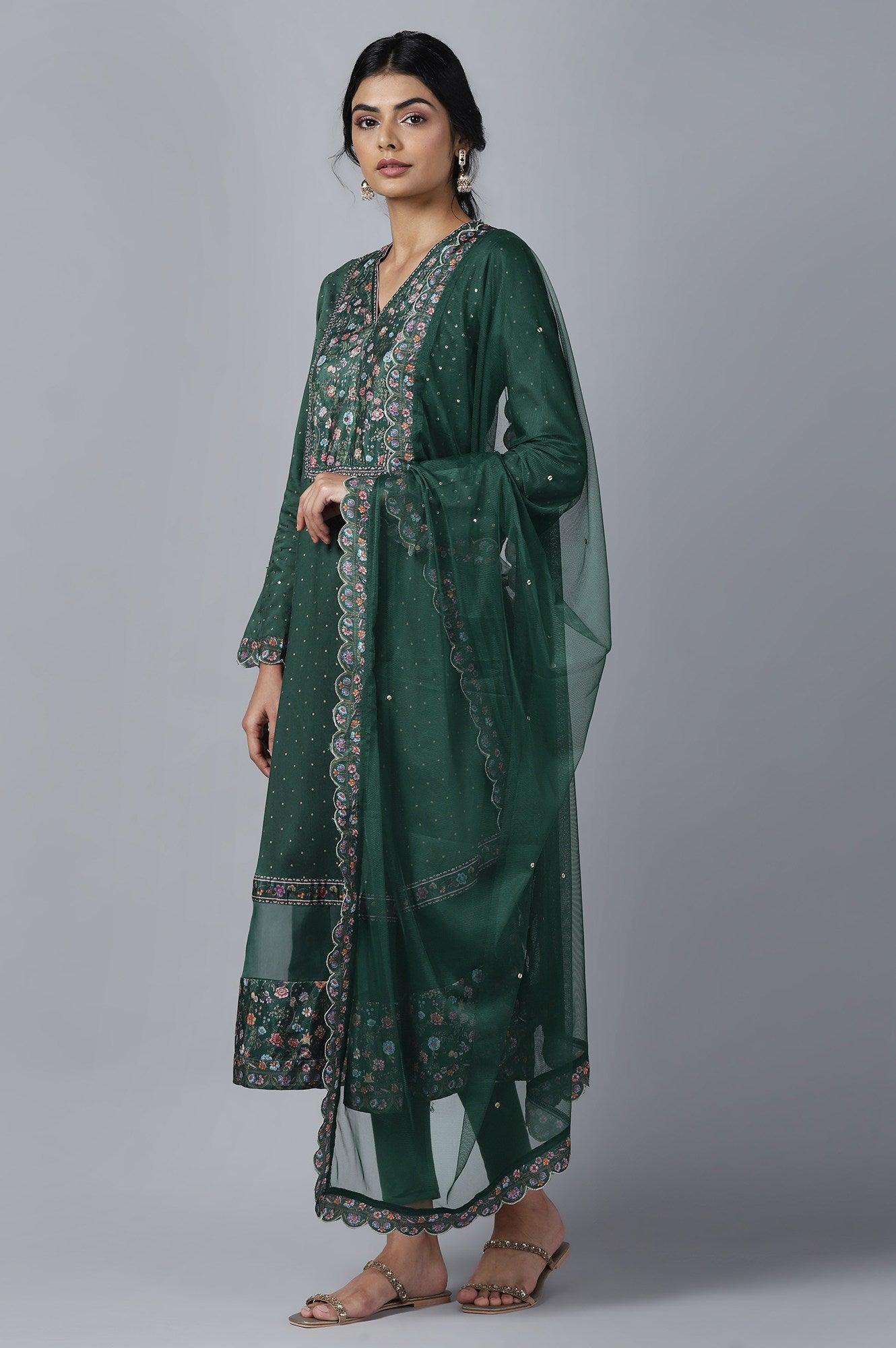 Dark Green kurta Tights Dupatta Set - wforwoman