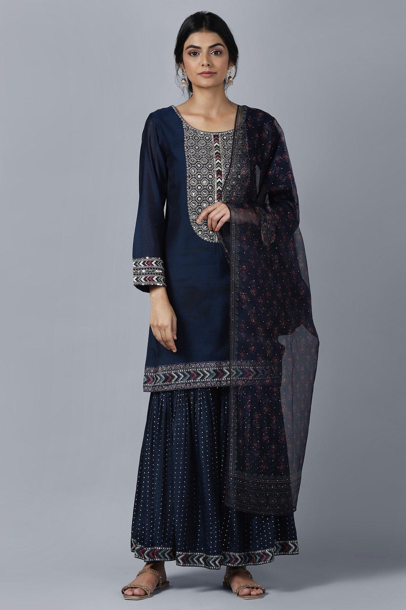 Dark Blue Short kurta Sharara Dupatta Set - wforwoman