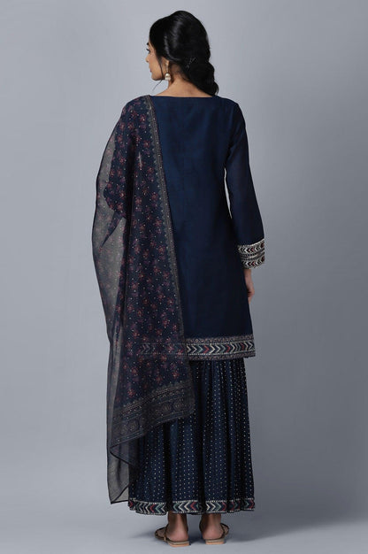 Dark Blue Short kurta Sharara Dupatta Set - wforwoman