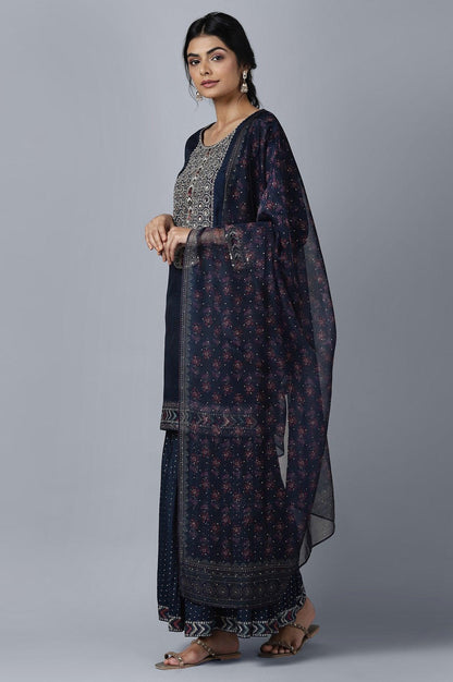 Dark Blue Short kurta Sharara Dupatta Set - wforwoman