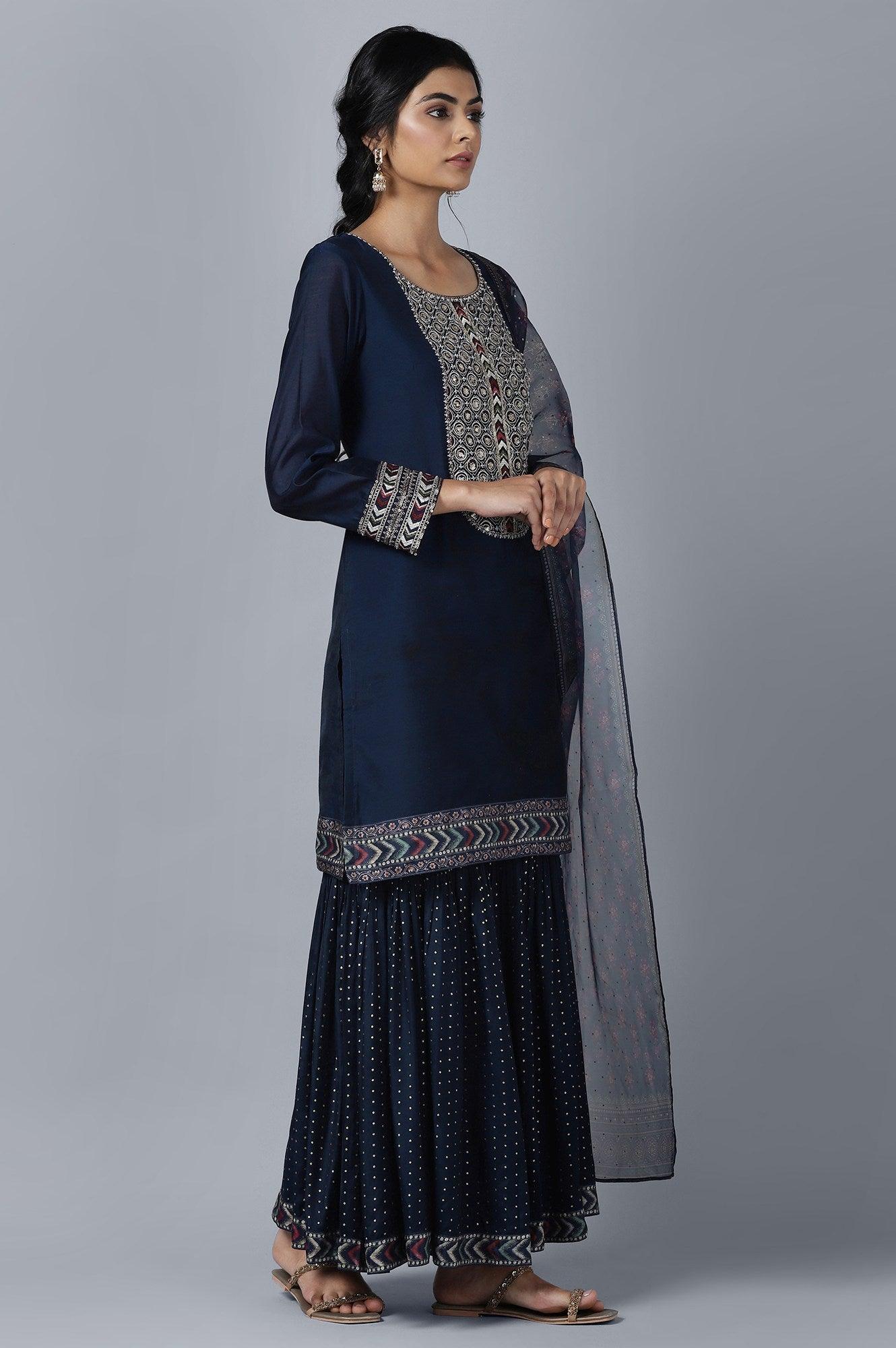 Dark Blue Short kurta Sharara Dupatta Set - wforwoman