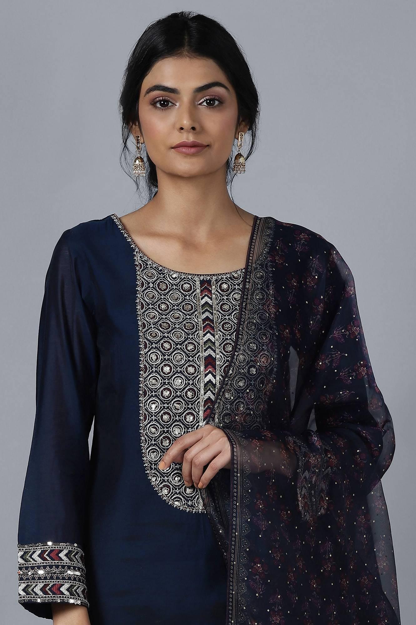 Dark Blue Short kurta Sharara Dupatta Set - wforwoman