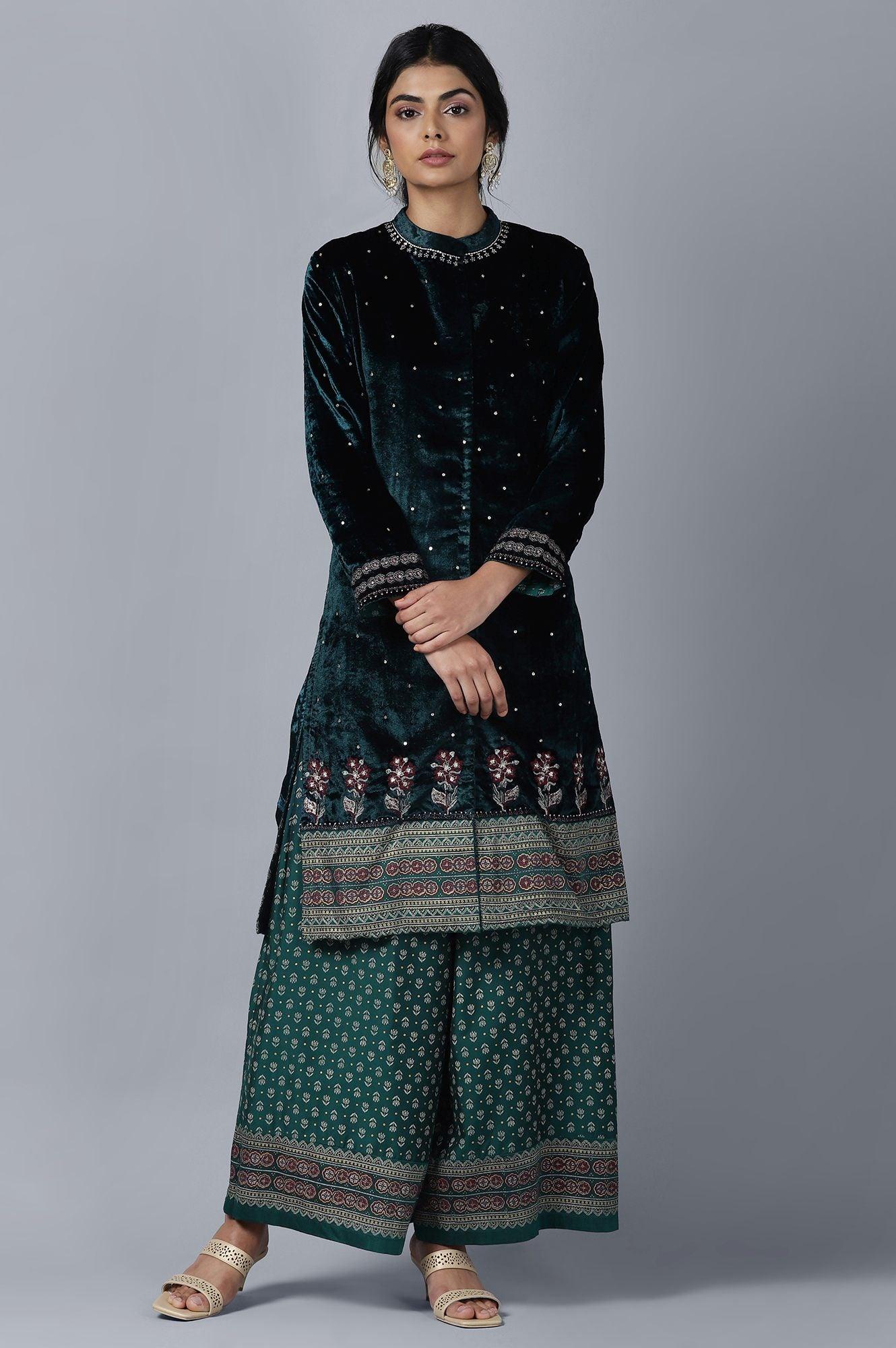 Dark Green Velvet kurta Parallel Pants Set - wforwoman