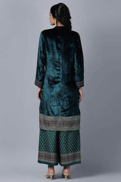 Dark Green Velvet kurta Parallel Pants Set - wforwoman