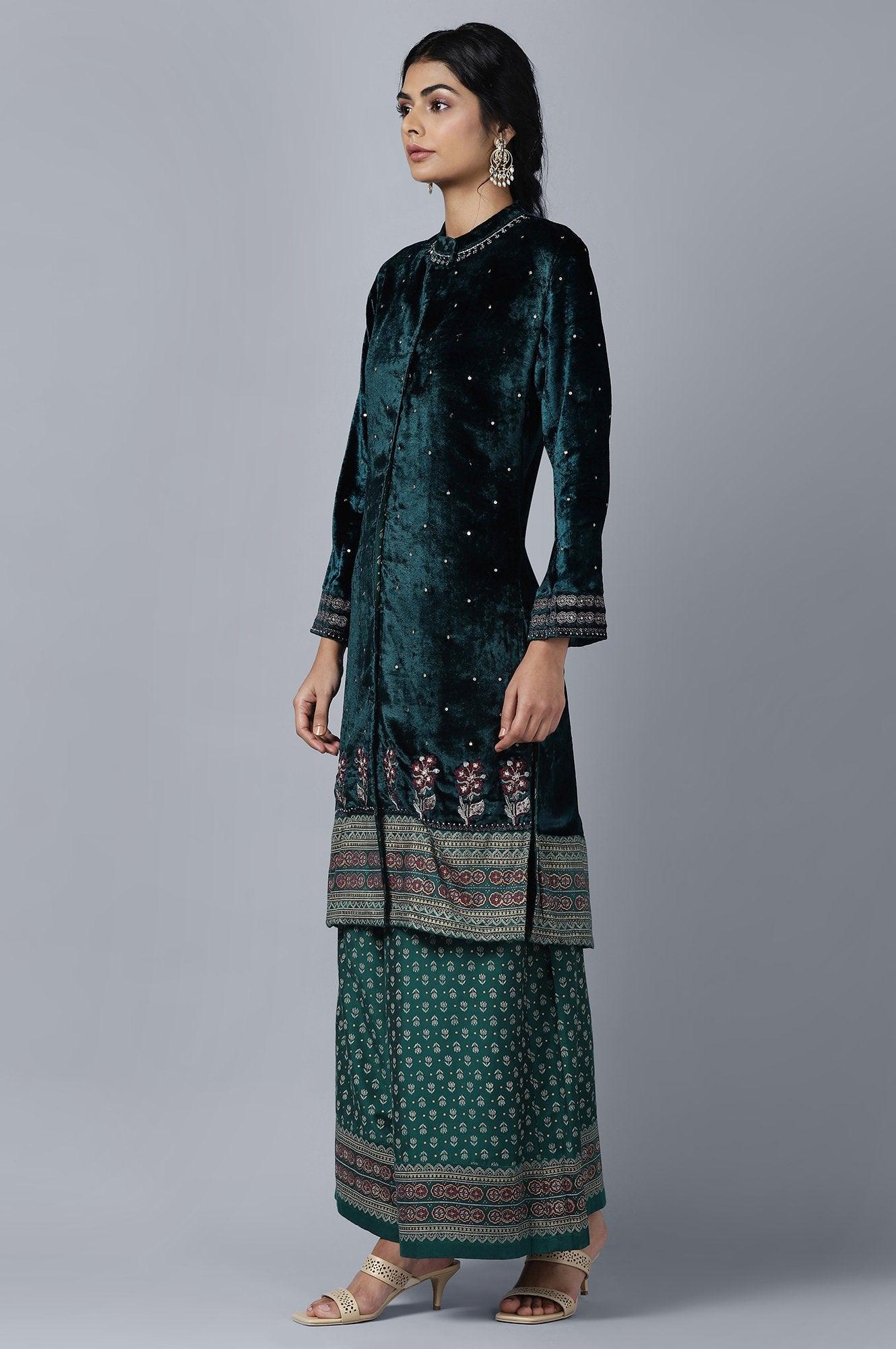 Dark Green Velvet kurta Parallel Pants Set - wforwoman